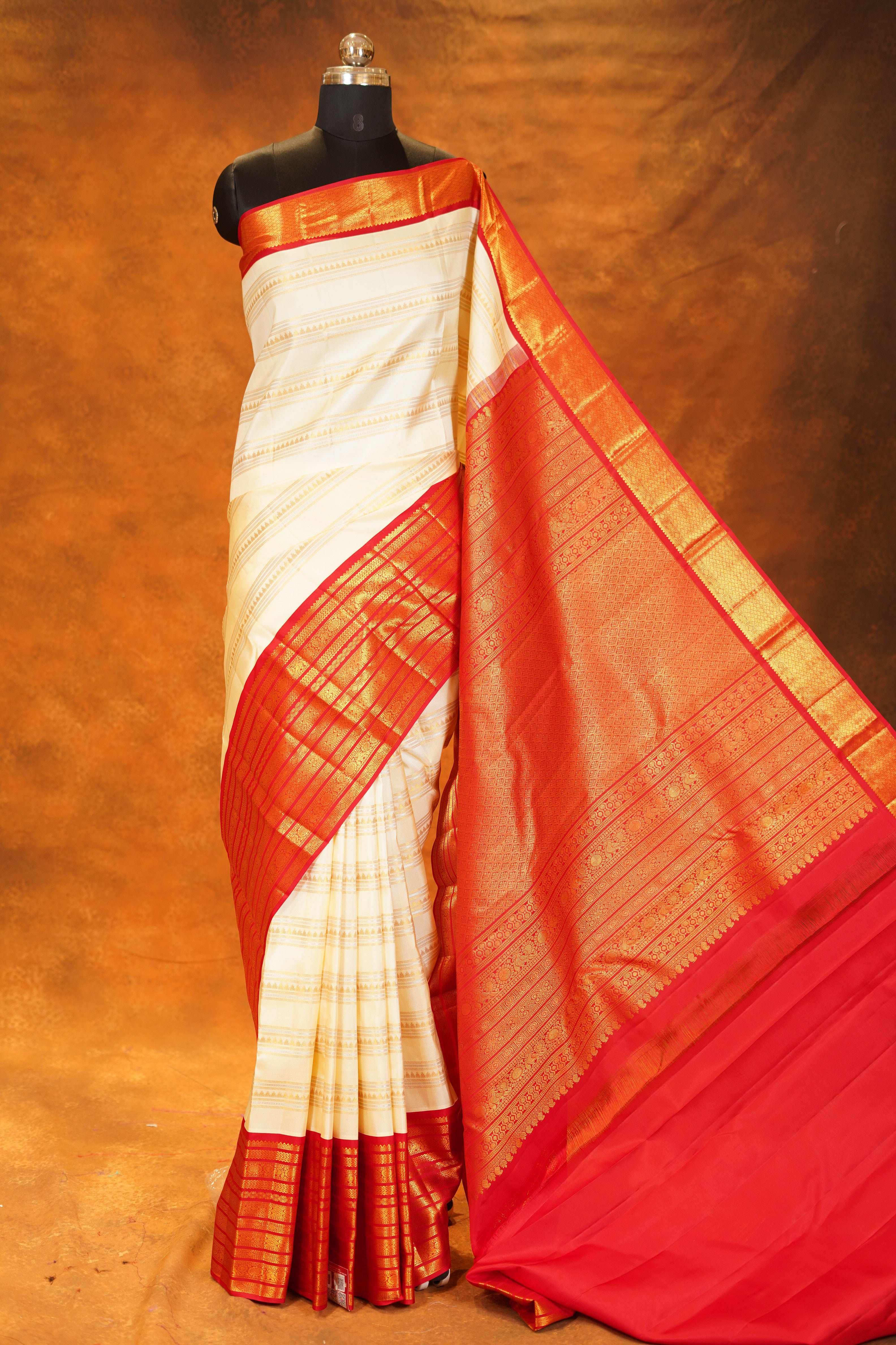 Cream Colour Pure Kanjivaram Silk Saree with Red Contrast