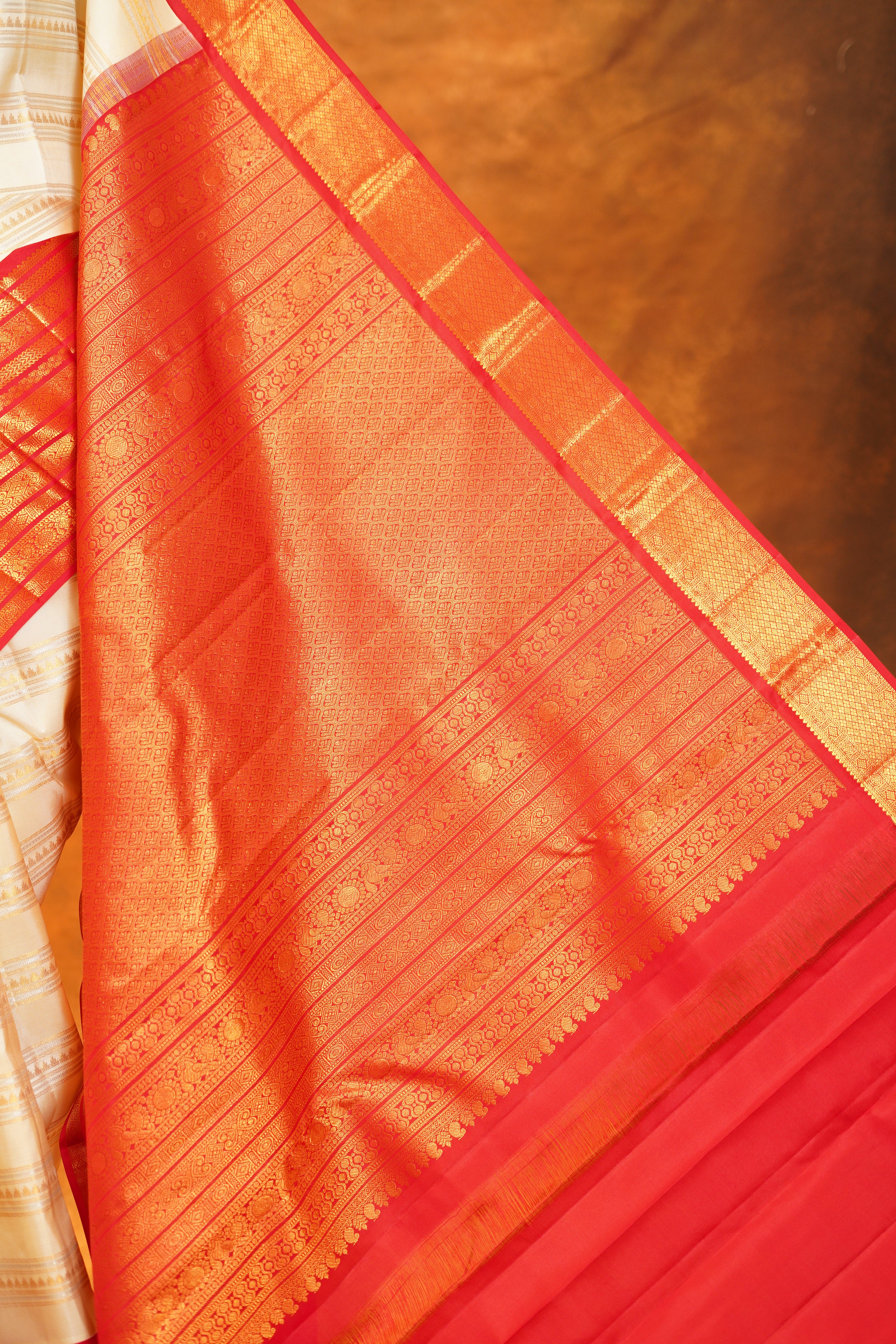 Cream Colour Pure Kanjivaram Silk Saree with Red Contrast