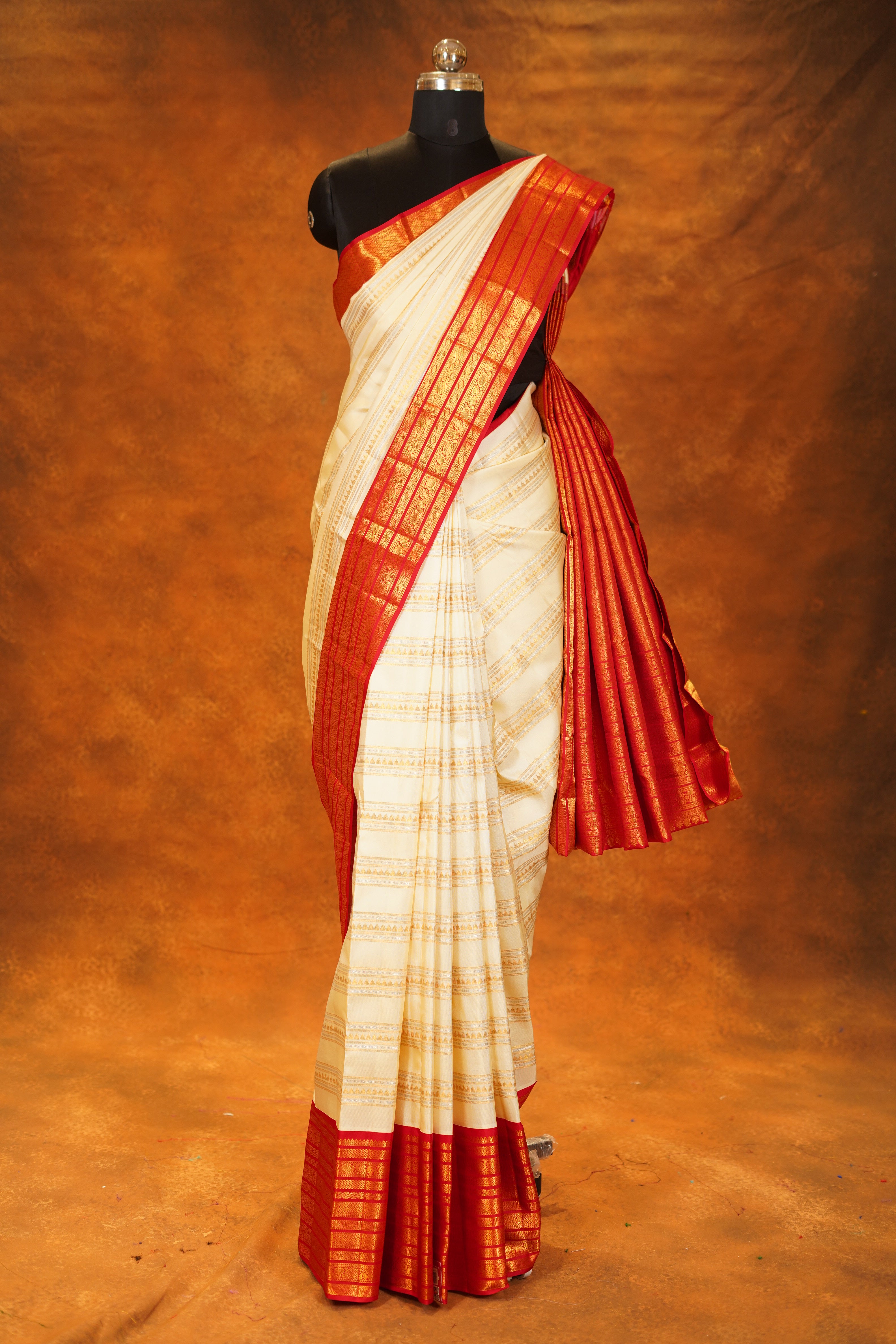 Cream Colour Pure Kanjivaram Silk Saree with Red Contrast