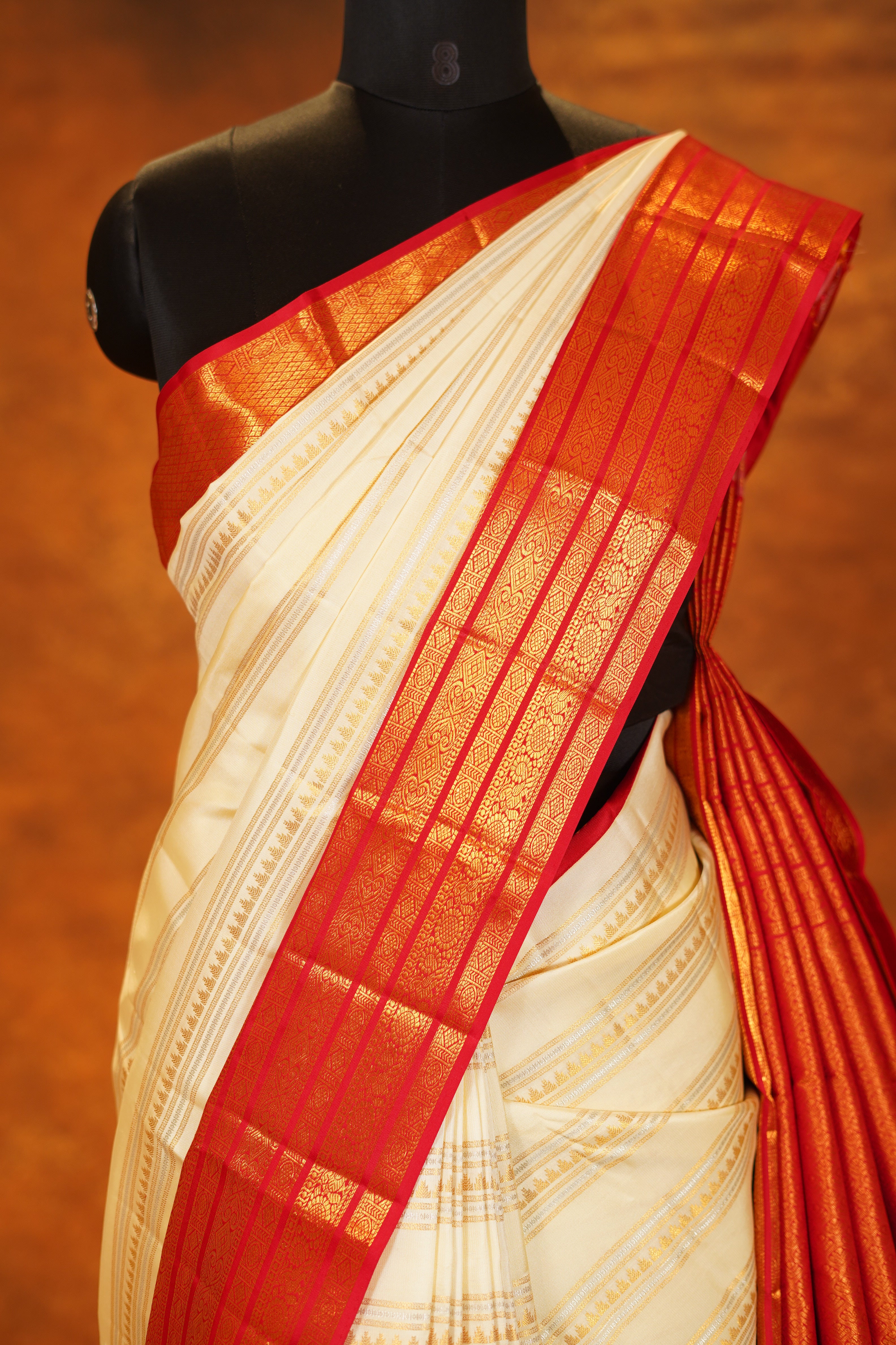 Cream Colour Pure Kanjivaram Silk Saree with Red Contrast