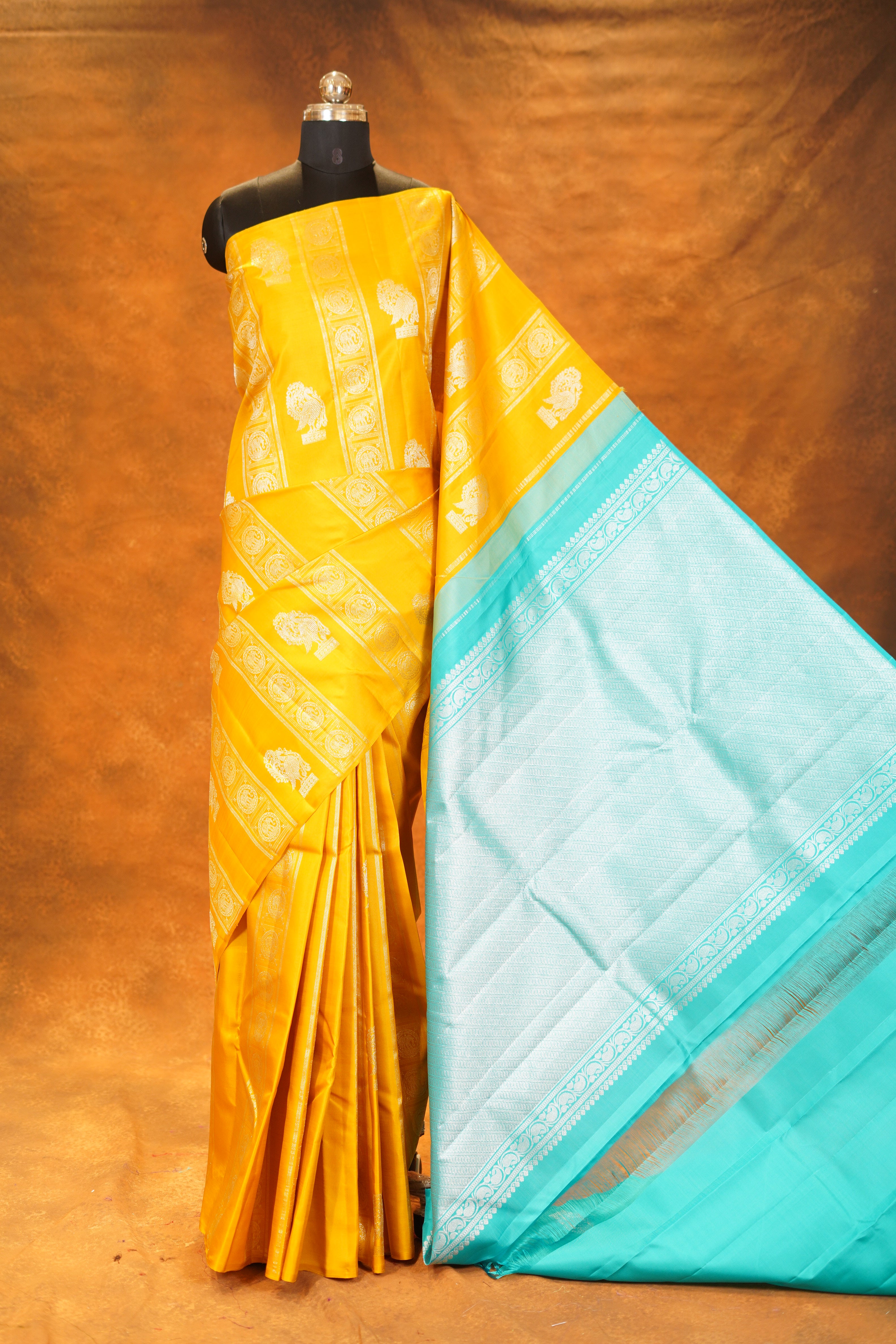 Elegant Yellow Colour Pure Kanjivaram Silk Saree With Sky Blue Contrast