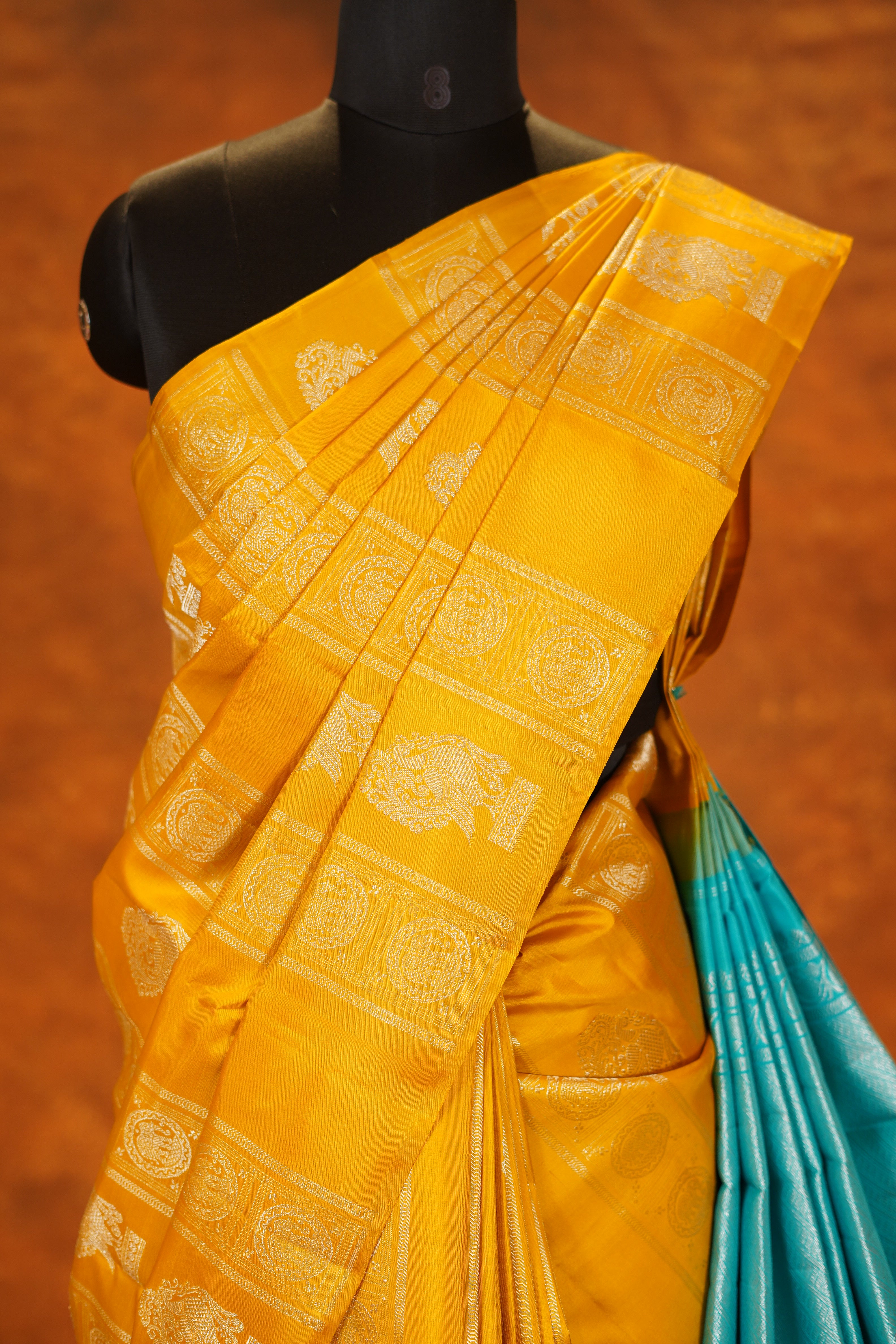 Elegant Yellow Colour Pure Kanjivaram Silk Saree With Sky Blue Contrast