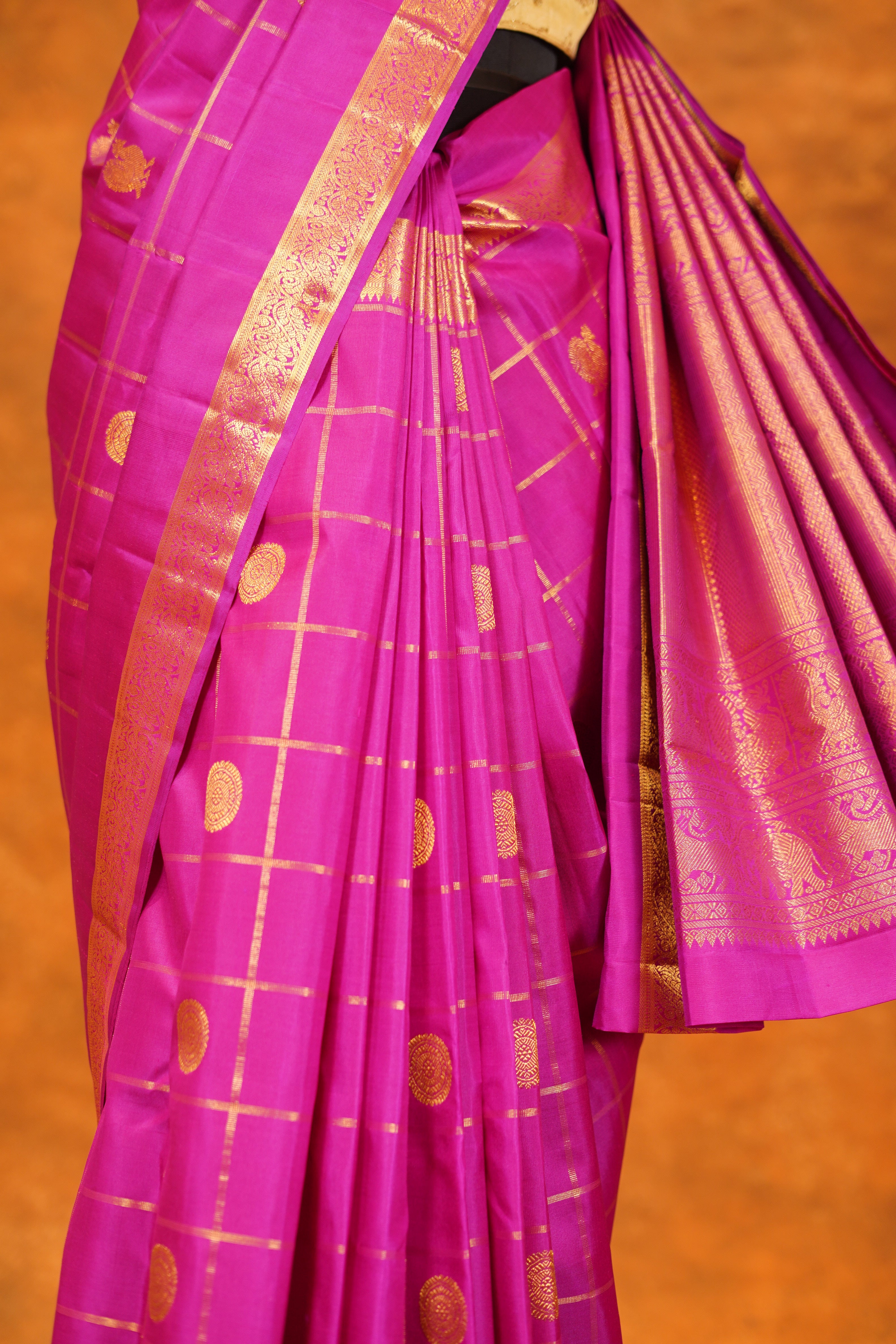Rani Pink Colour Checked Pure Kanjivaram Silk Saree