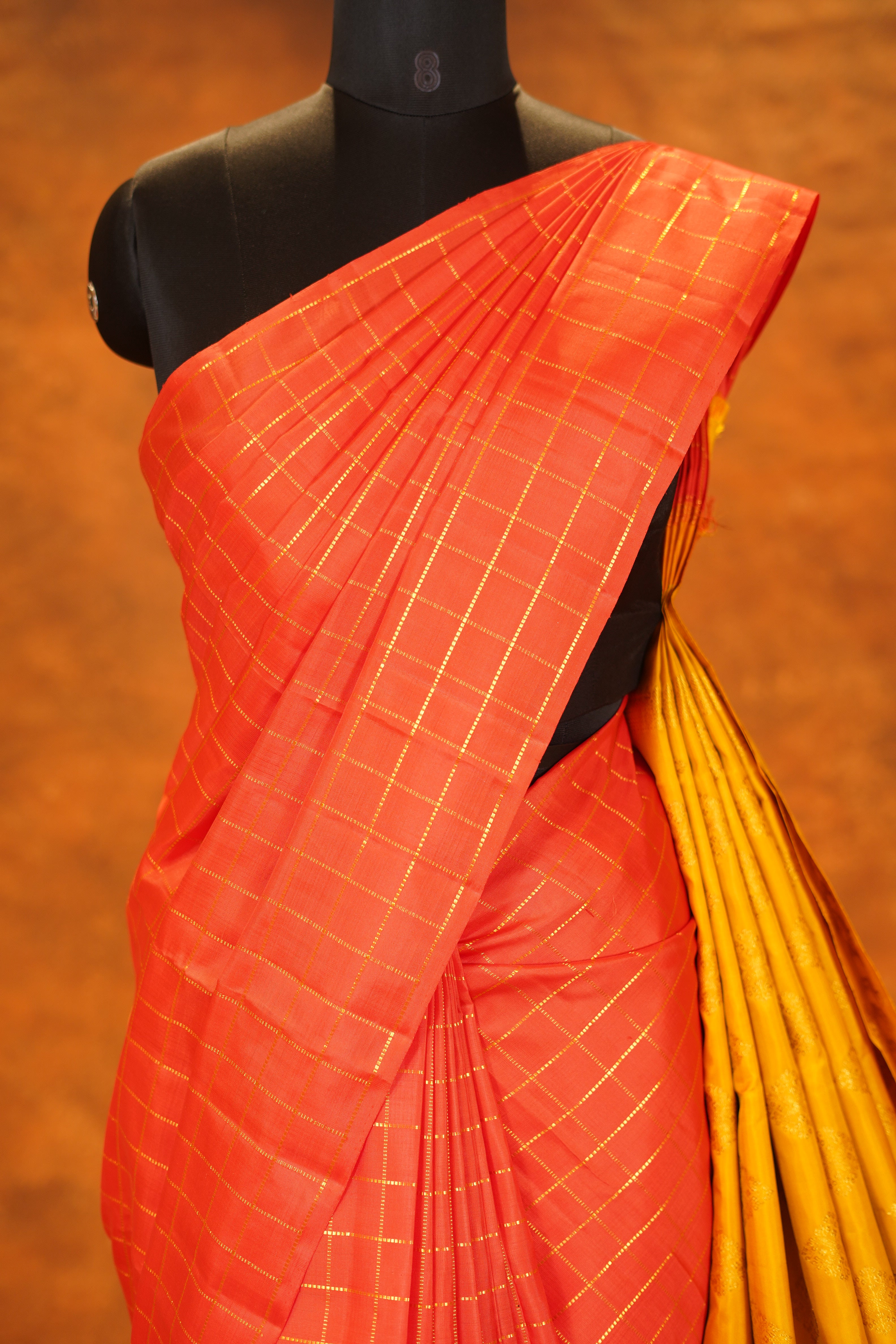 Dark Peach Shade Checked Pure Kanjivaram Silk Saree with Yellow Contrast Pallu