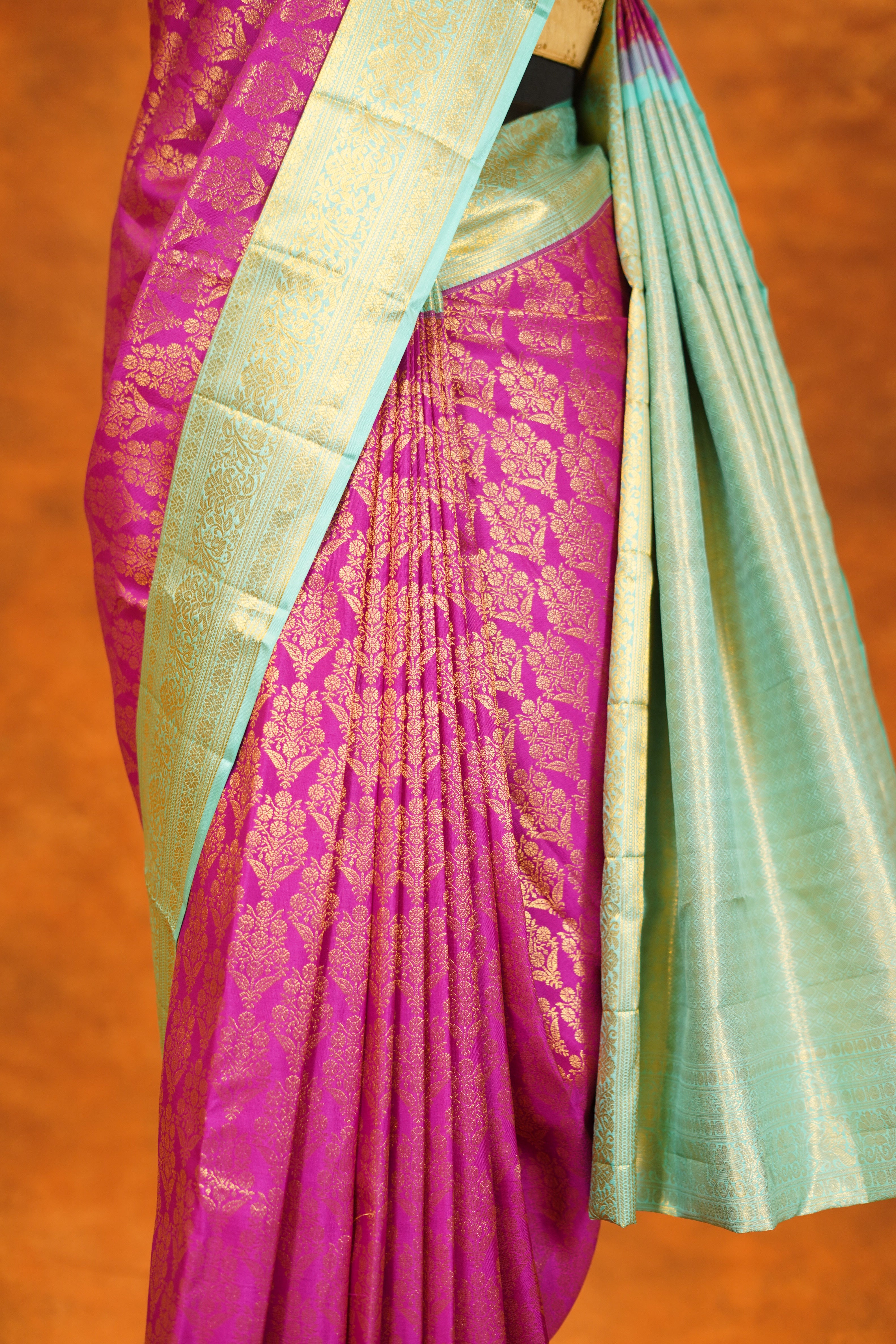 Magenta Pink colour Pure Kanjivaram Silk Saree with Mint Green Contrast