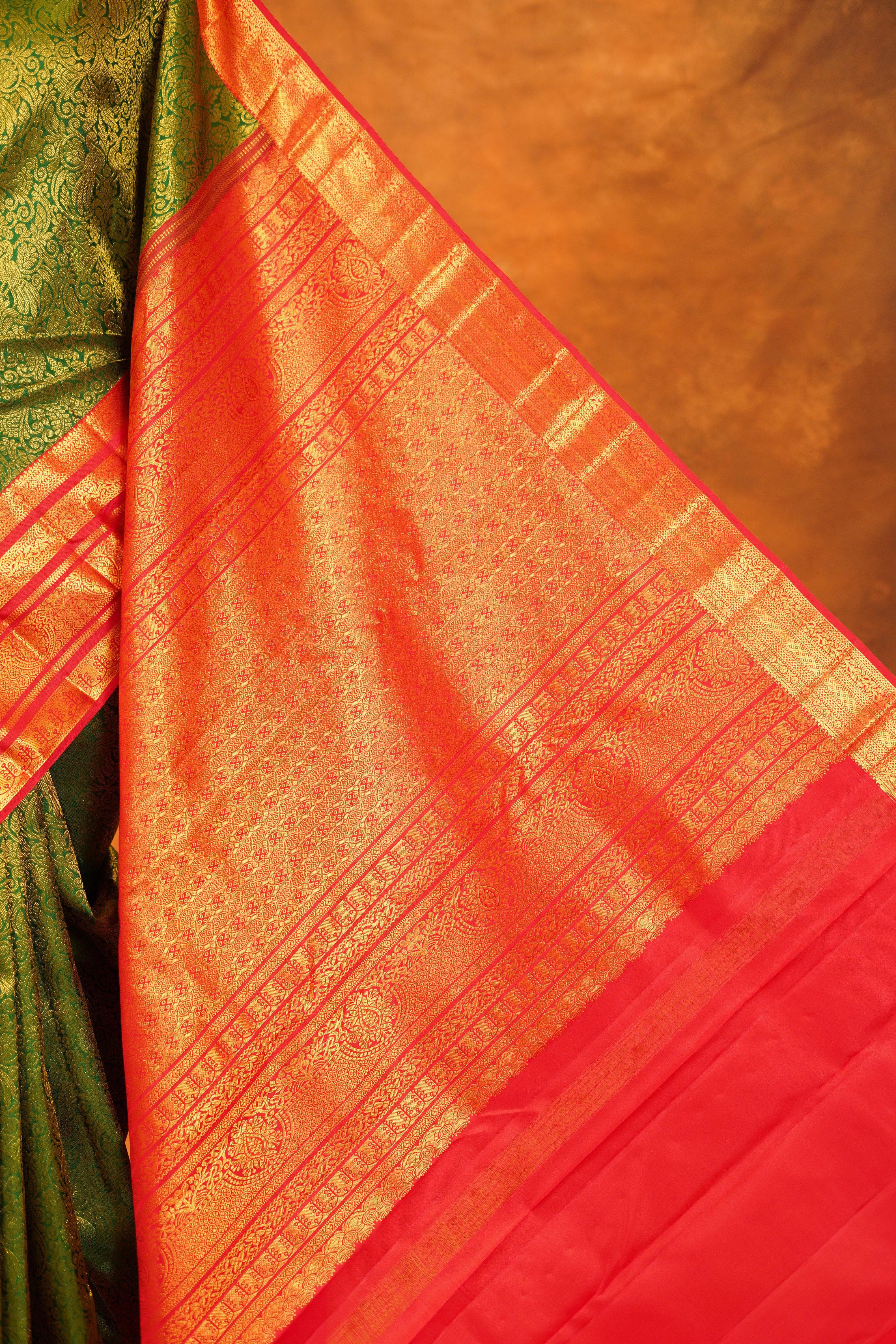 Bottle Green Colour Pure Kanjivaram Brocade Silk Saree with Red Contrast