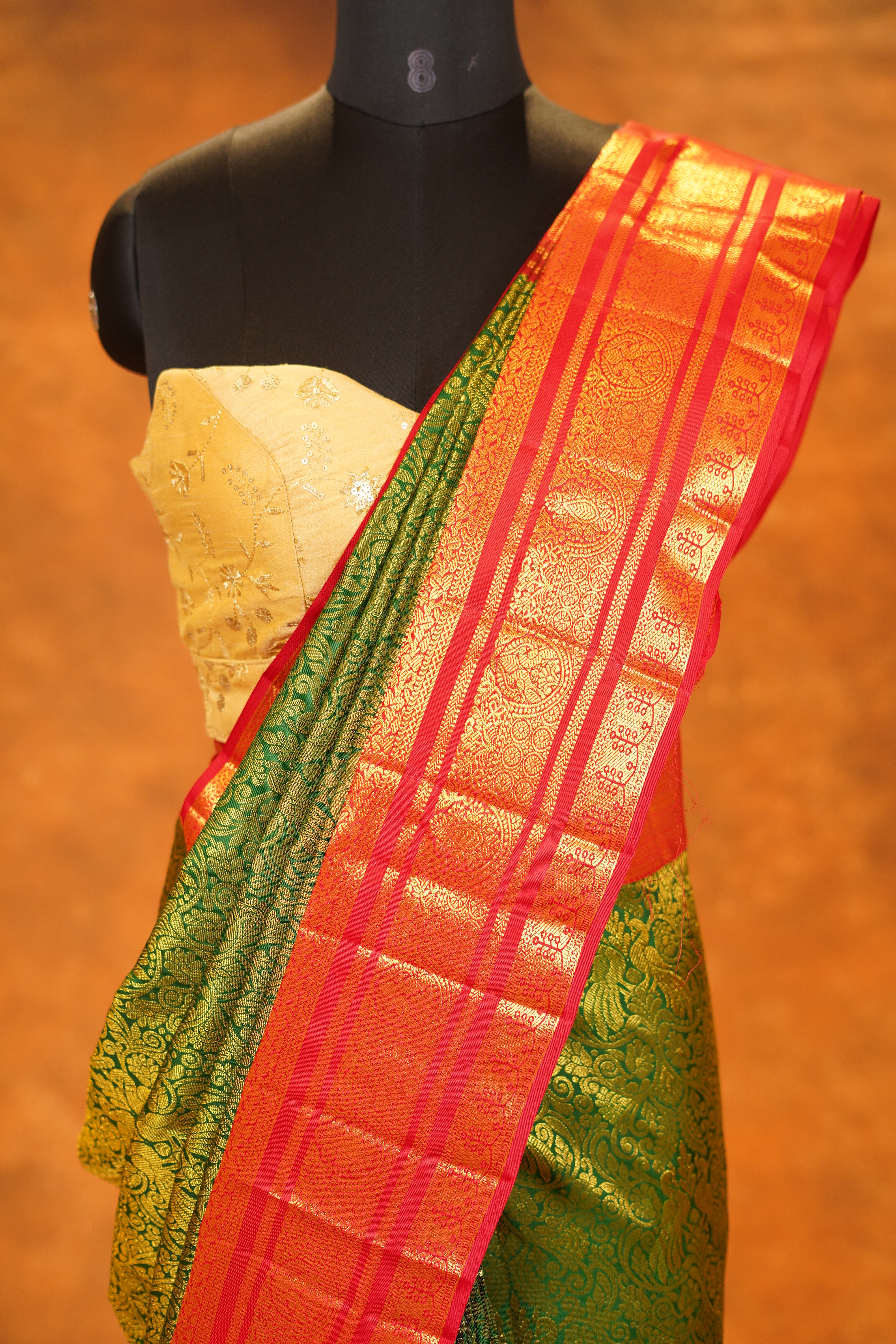 Bottle Green Colour Pure Kanjivaram Brocade Silk Saree with Red Contrast