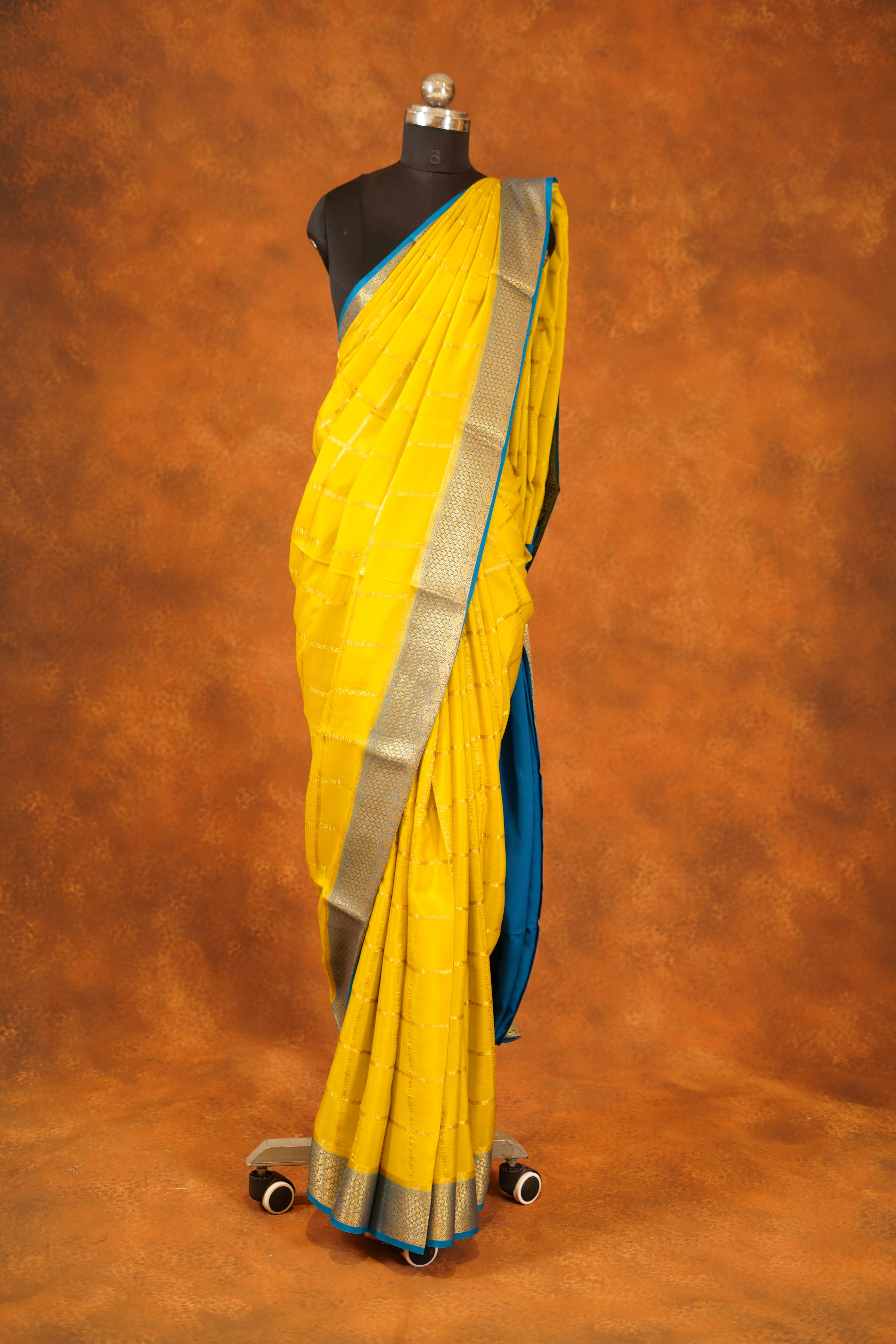 Lime Green colour 120 GSM Pure Mysore Silk Saree With Blue Contrast