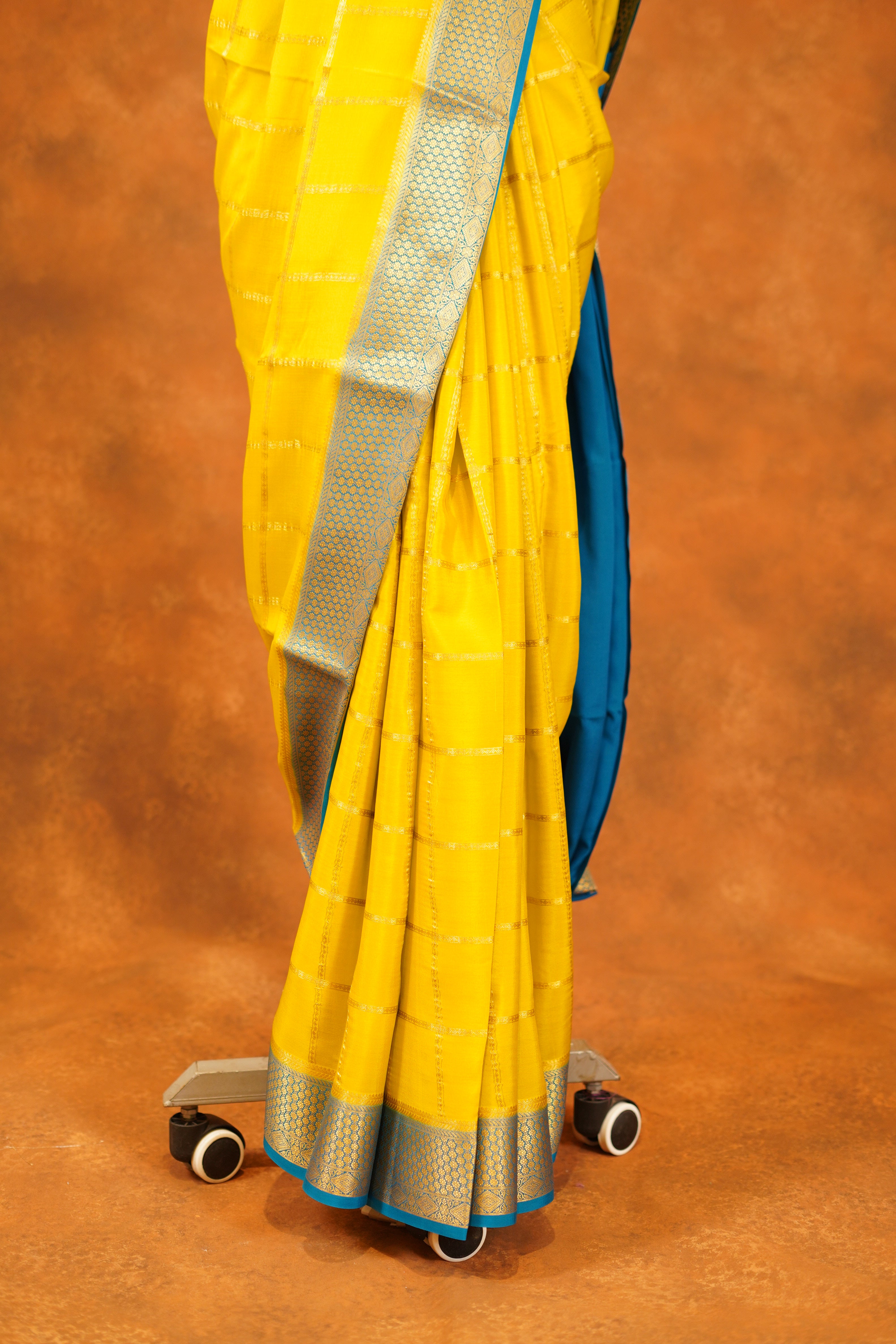 Lime Green colour 120 GSM Pure Mysore Silk Saree With Blue Contrast