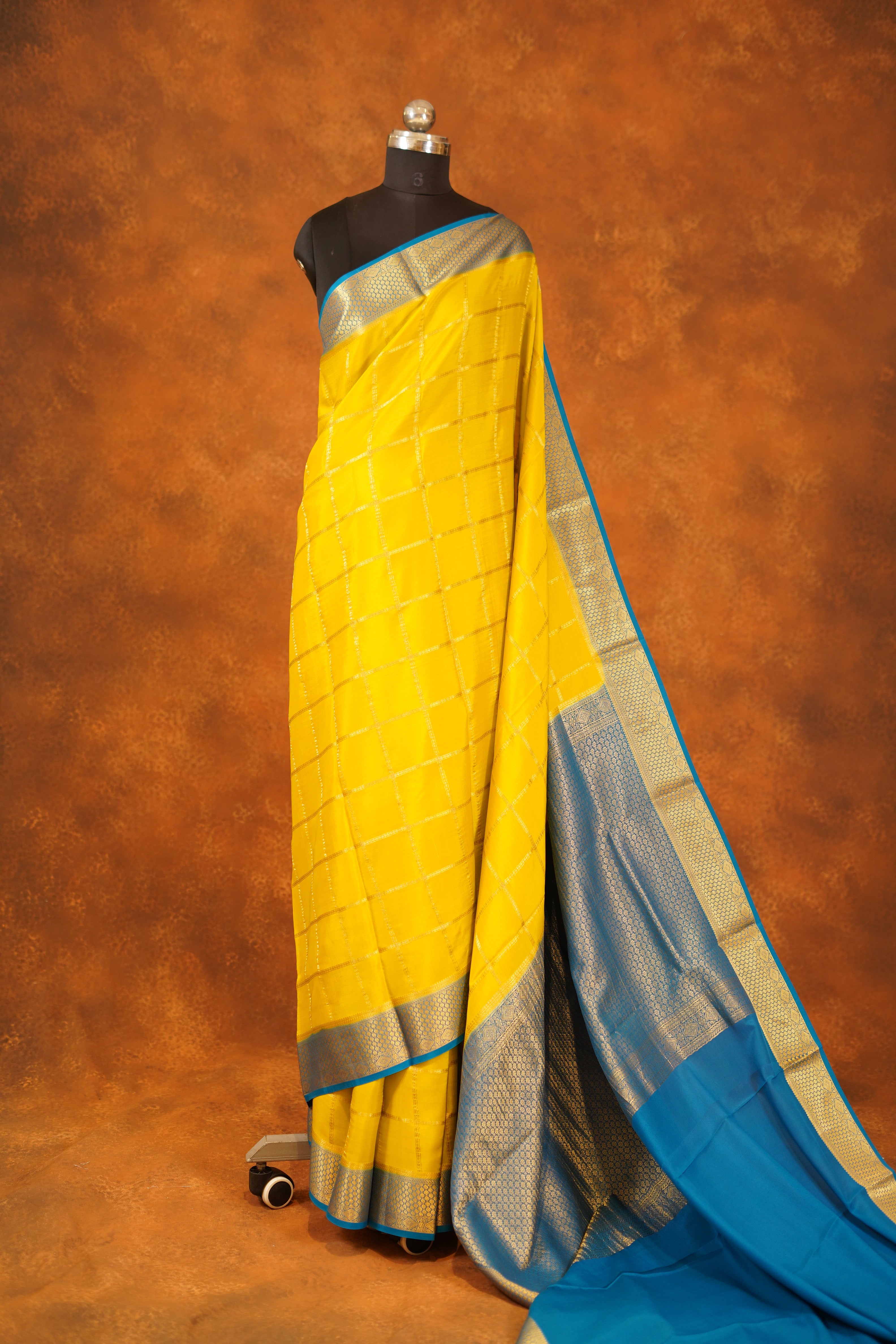 Lime Green colour 120 GSM Pure Mysore Silk Saree With Blue Contrast