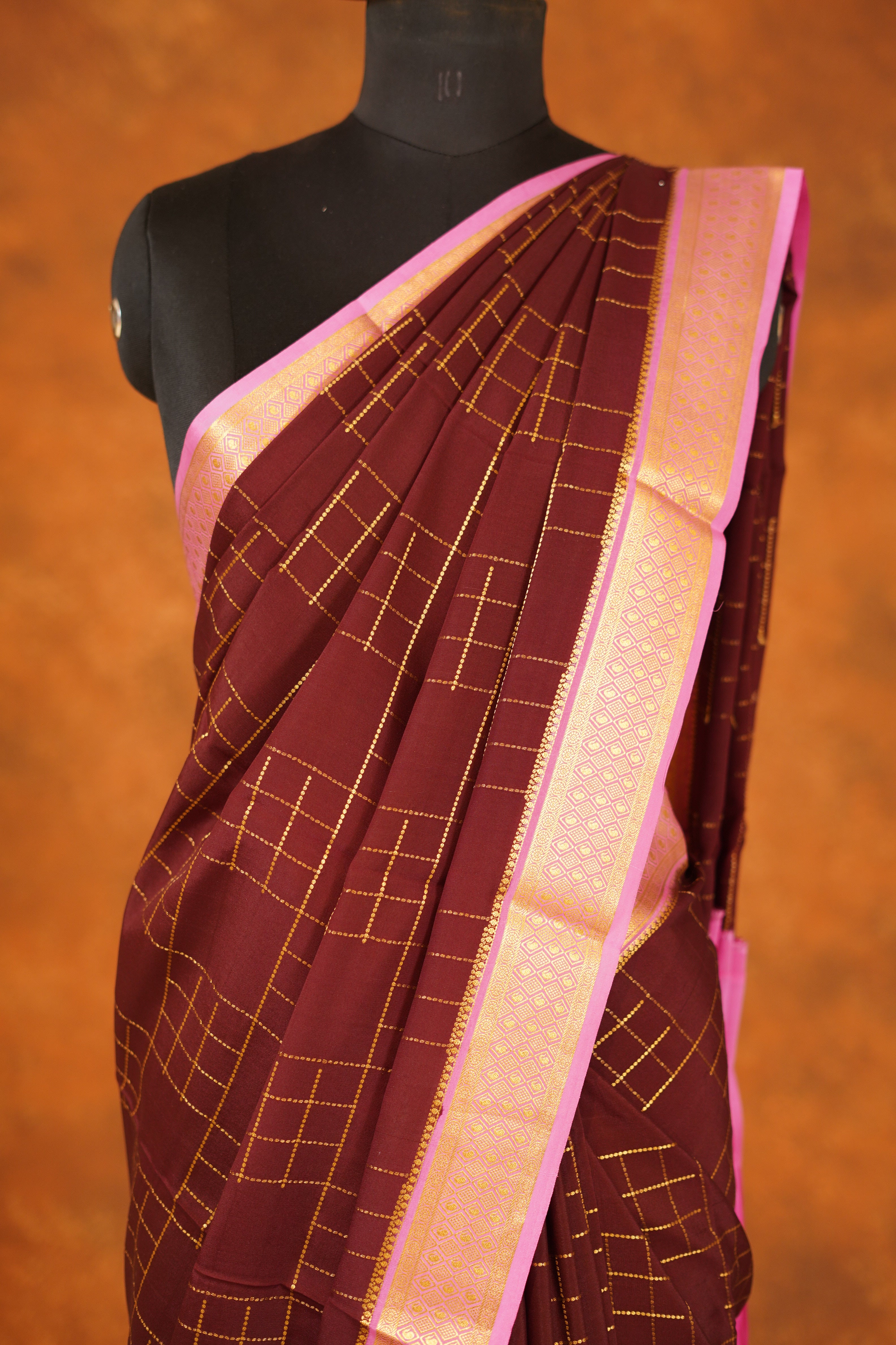 Brown Colour 120gsm Pure Mysore Silk Saree with Baby Pink Contrast