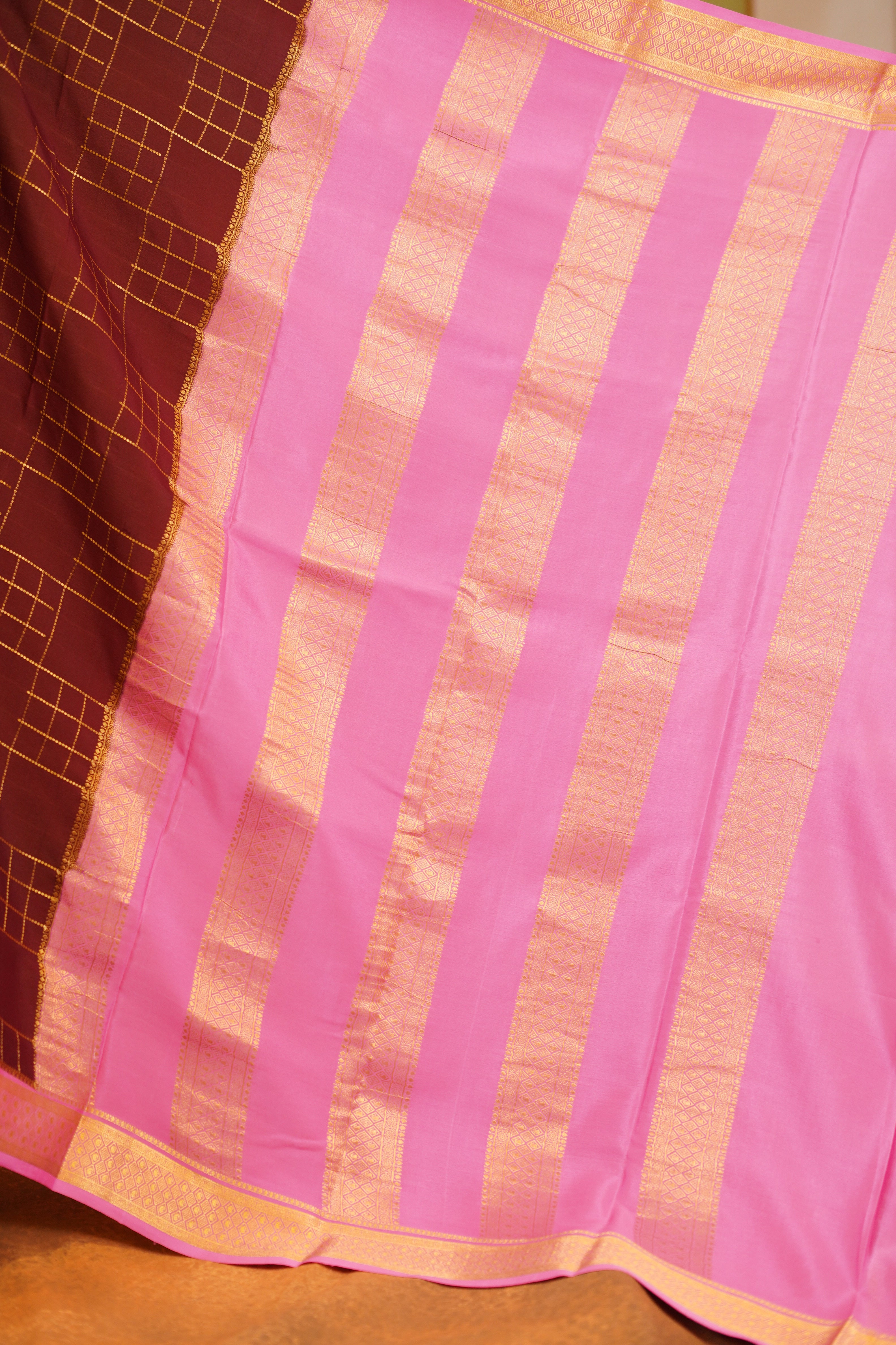 Brown Colour 120gsm Pure Mysore Silk Saree with Baby Pink Contrast