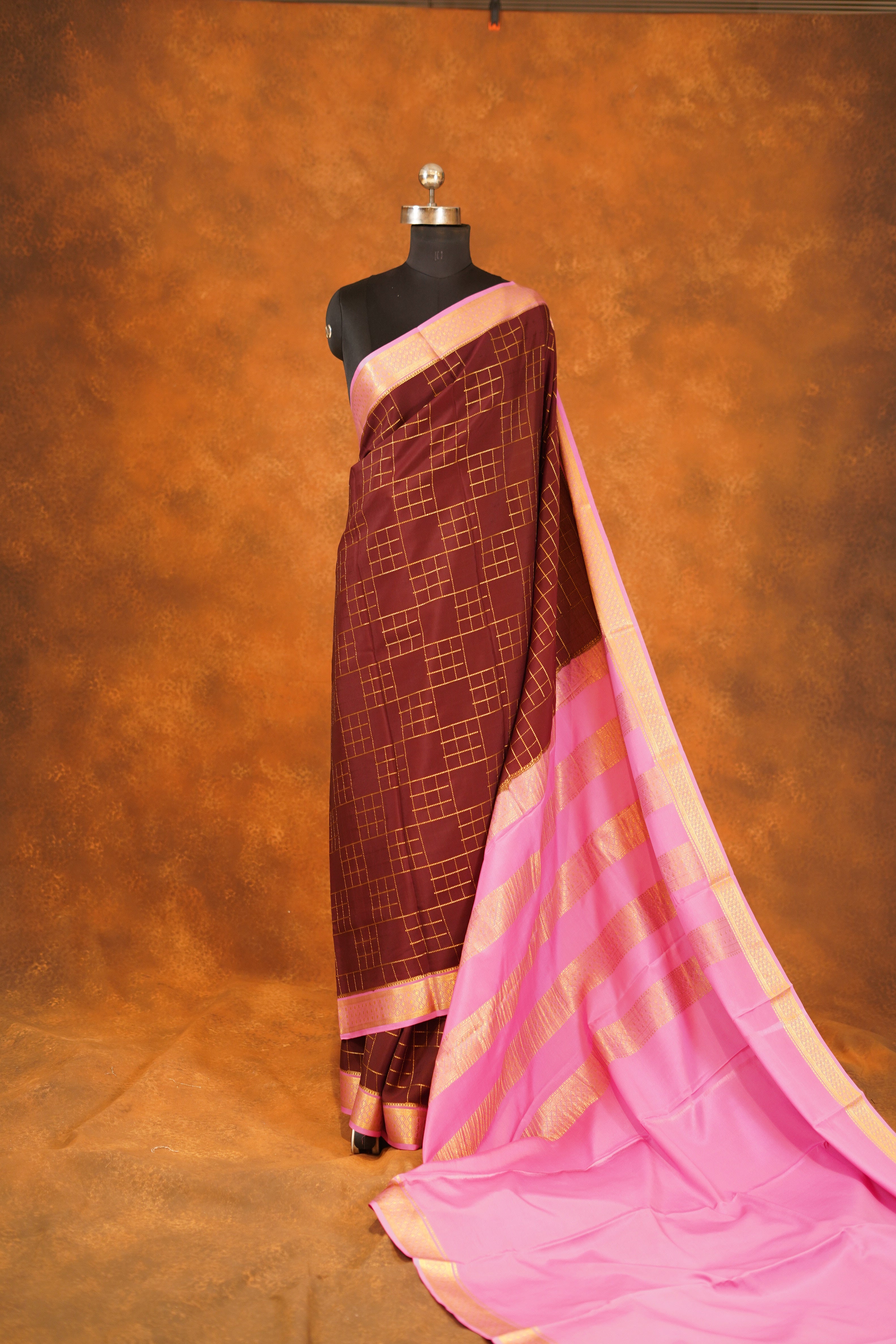 Brown Colour 120gsm Pure Mysore Silk Saree with Baby Pink Contrast