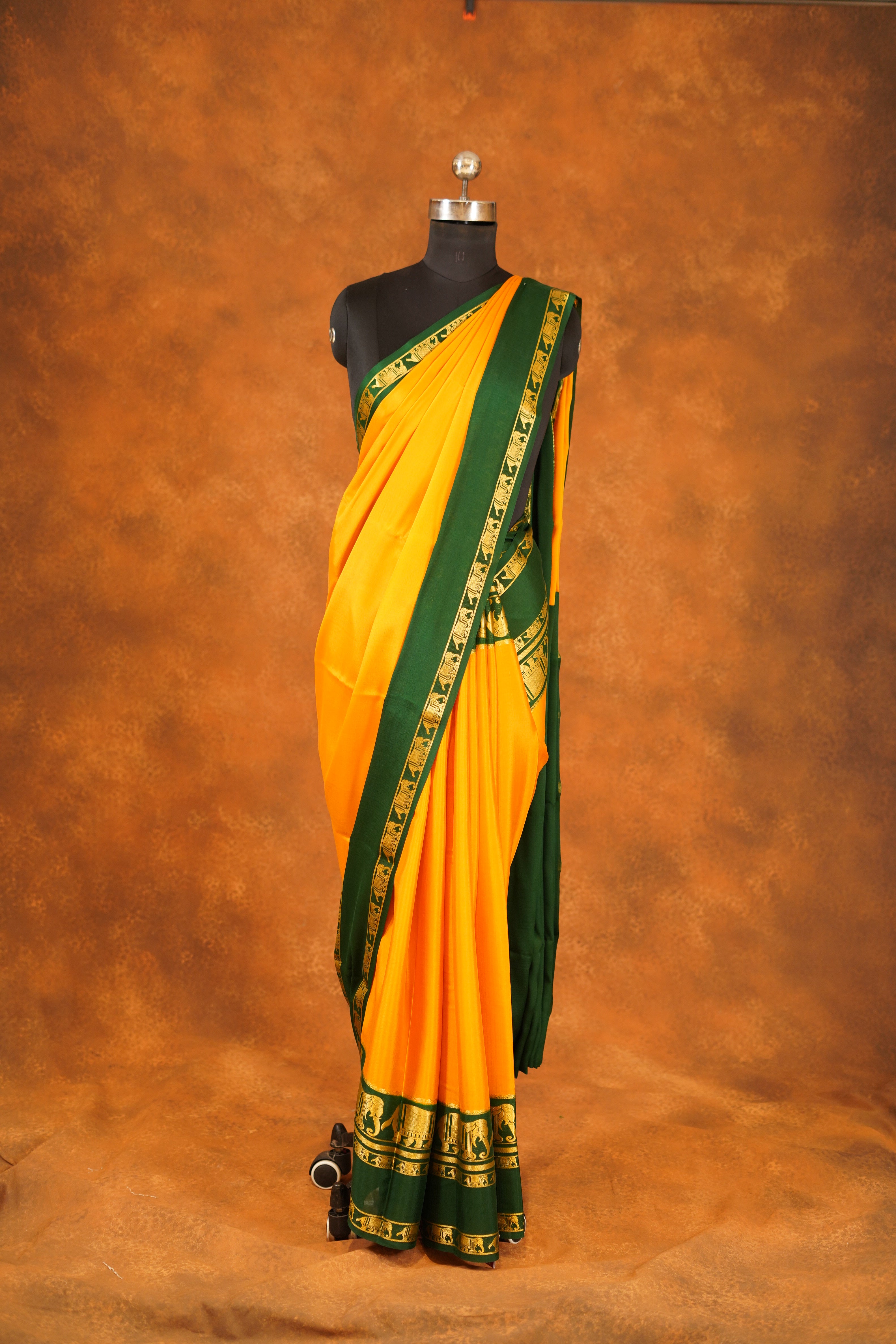 Yellow Colour Pure Mysore Silk Saree With Bottle Green Contrast