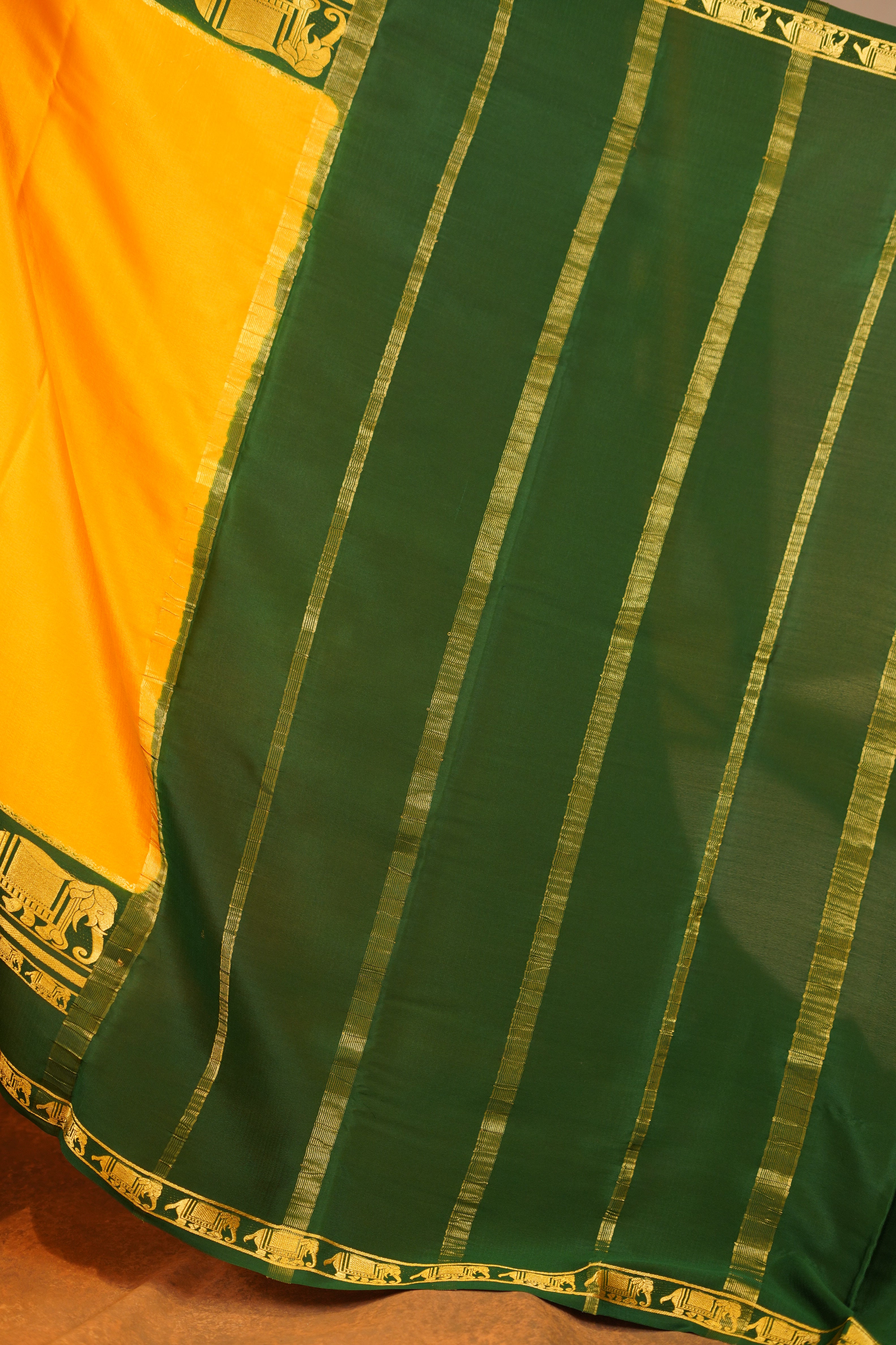 Yellow Colour Pure Mysore Silk Saree With Bottle Green Contrast