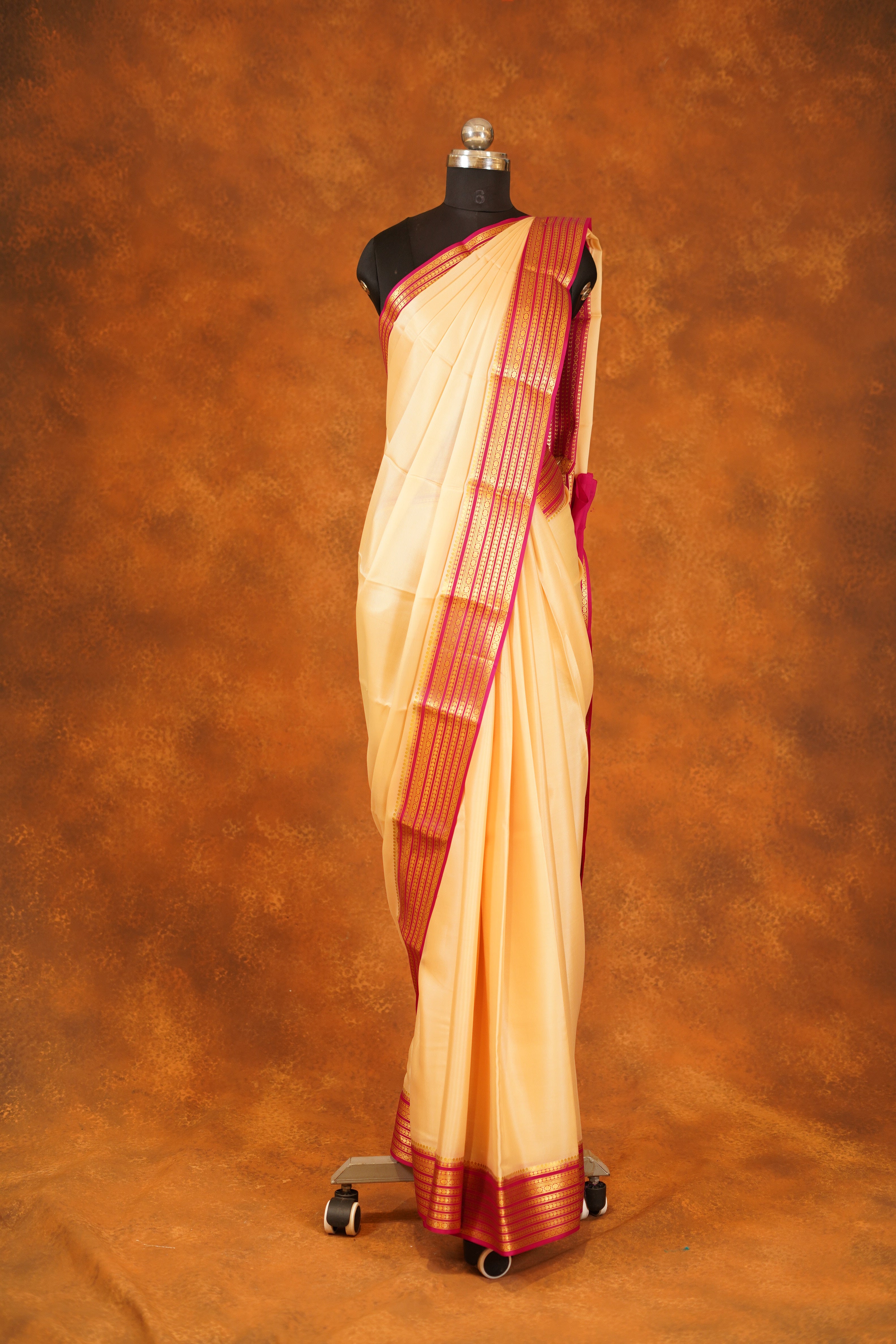 Sandal shaded 60 gsm Pure Mysore Silk saree with Pink contrast