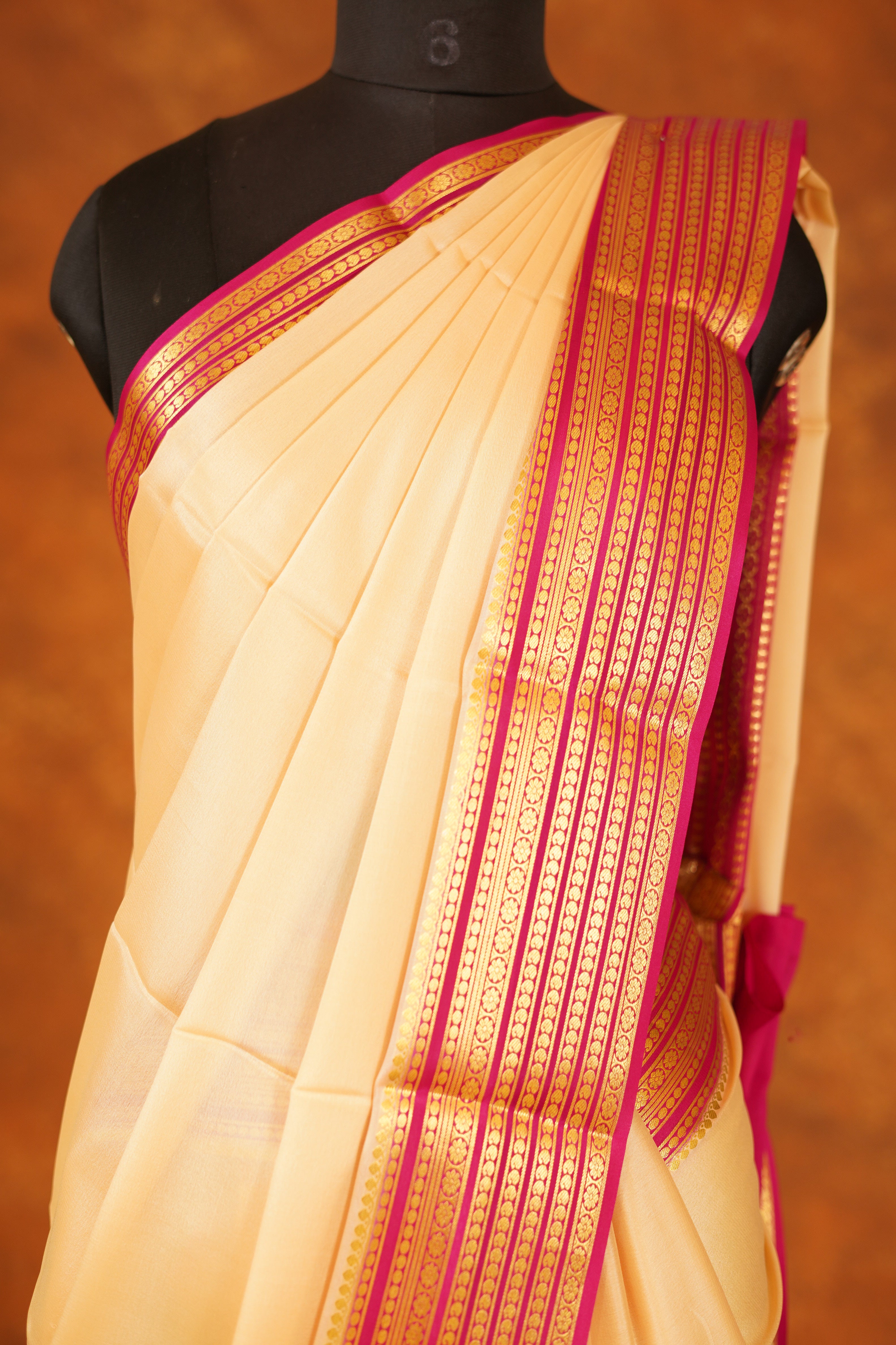 Sandal shaded 60 gsm Pure Mysore Silk saree with Pink contrast