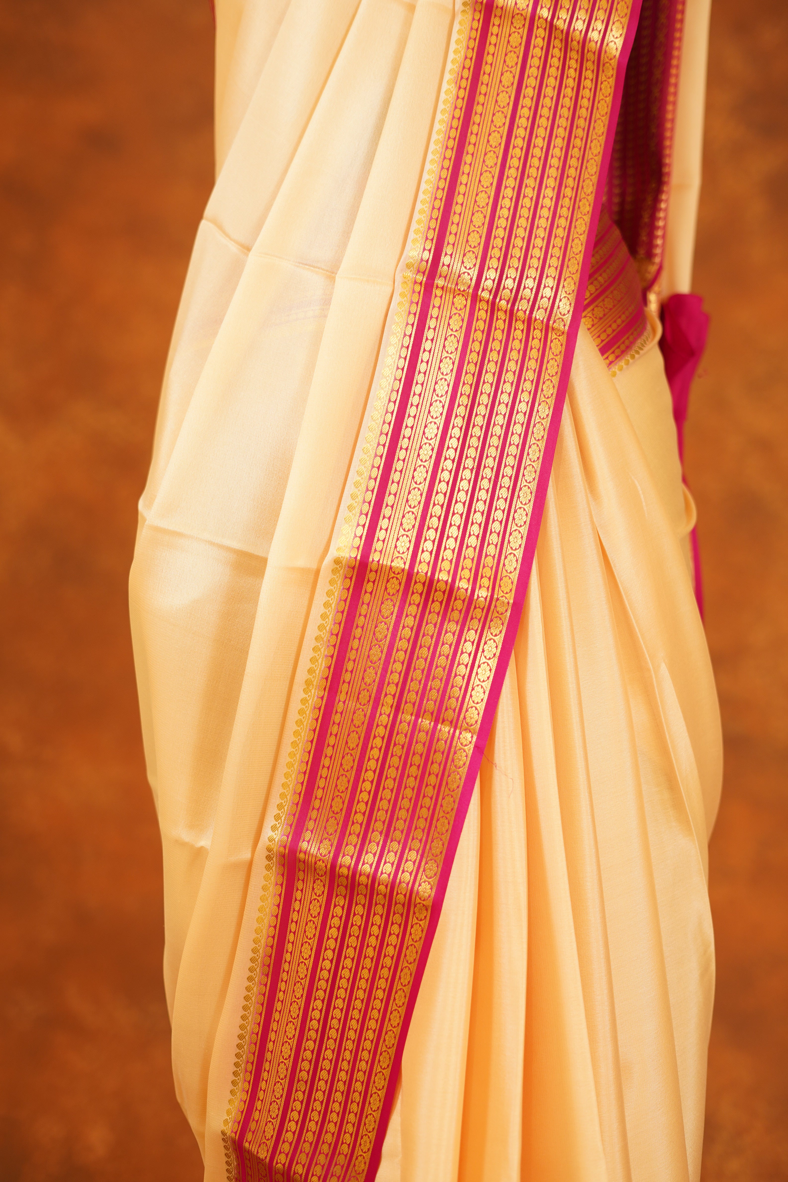 Sandal shaded 60 gsm Pure Mysore Silk saree with Pink contrast