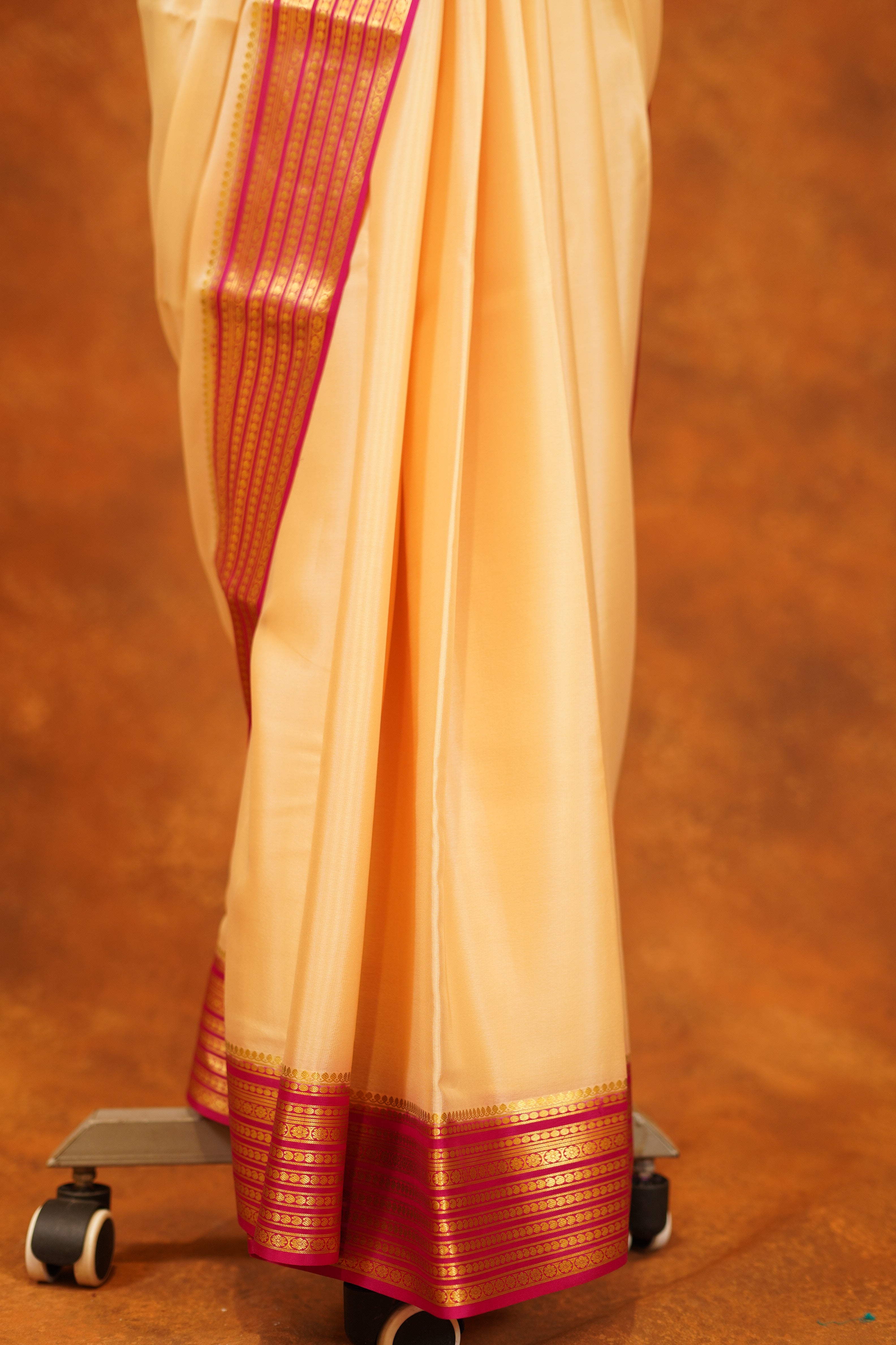 Sandal shaded 60 gsm Pure Mysore Silk saree with Pink contrast