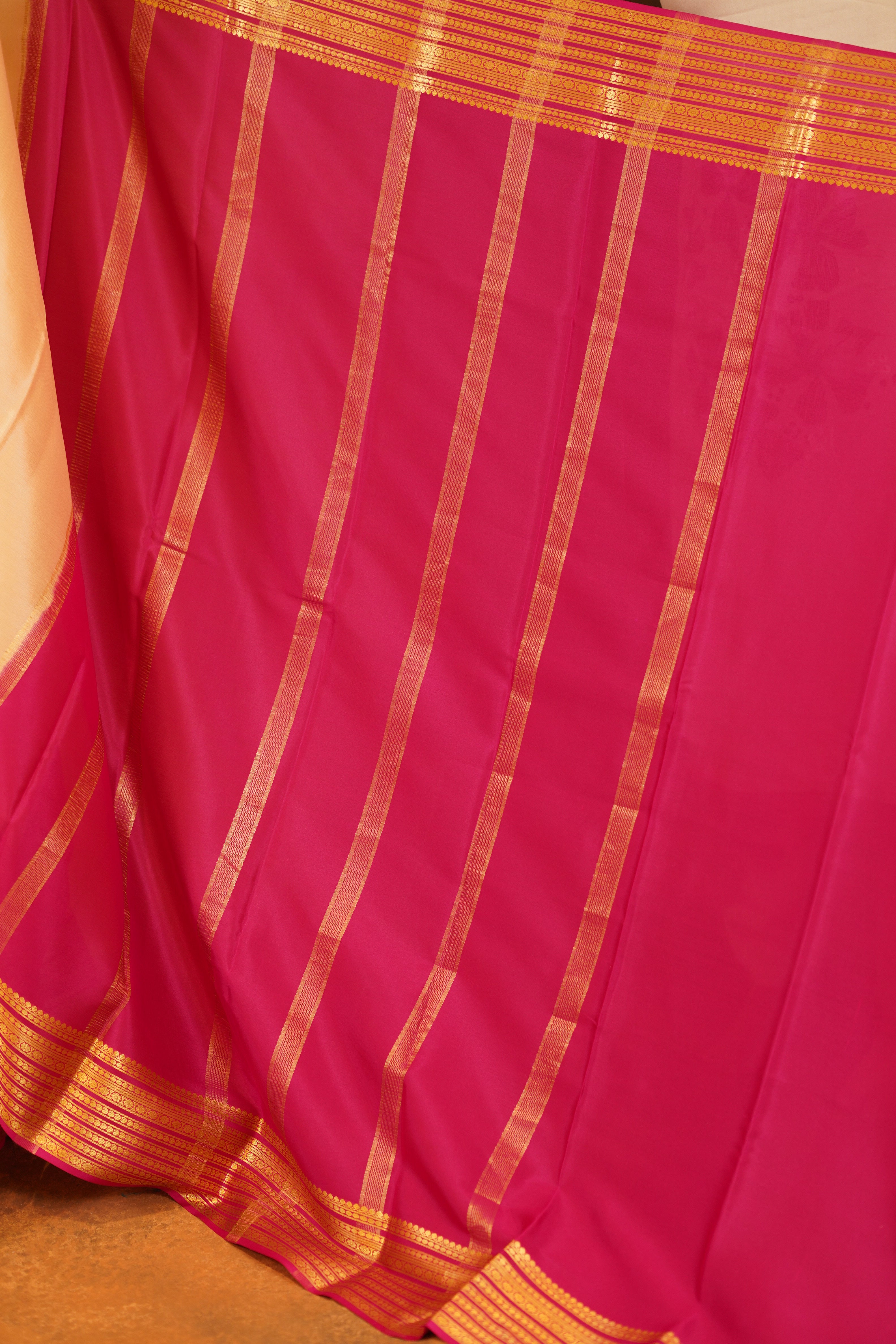Sandal shaded 60 gsm Pure Mysore Silk saree with Pink contrast