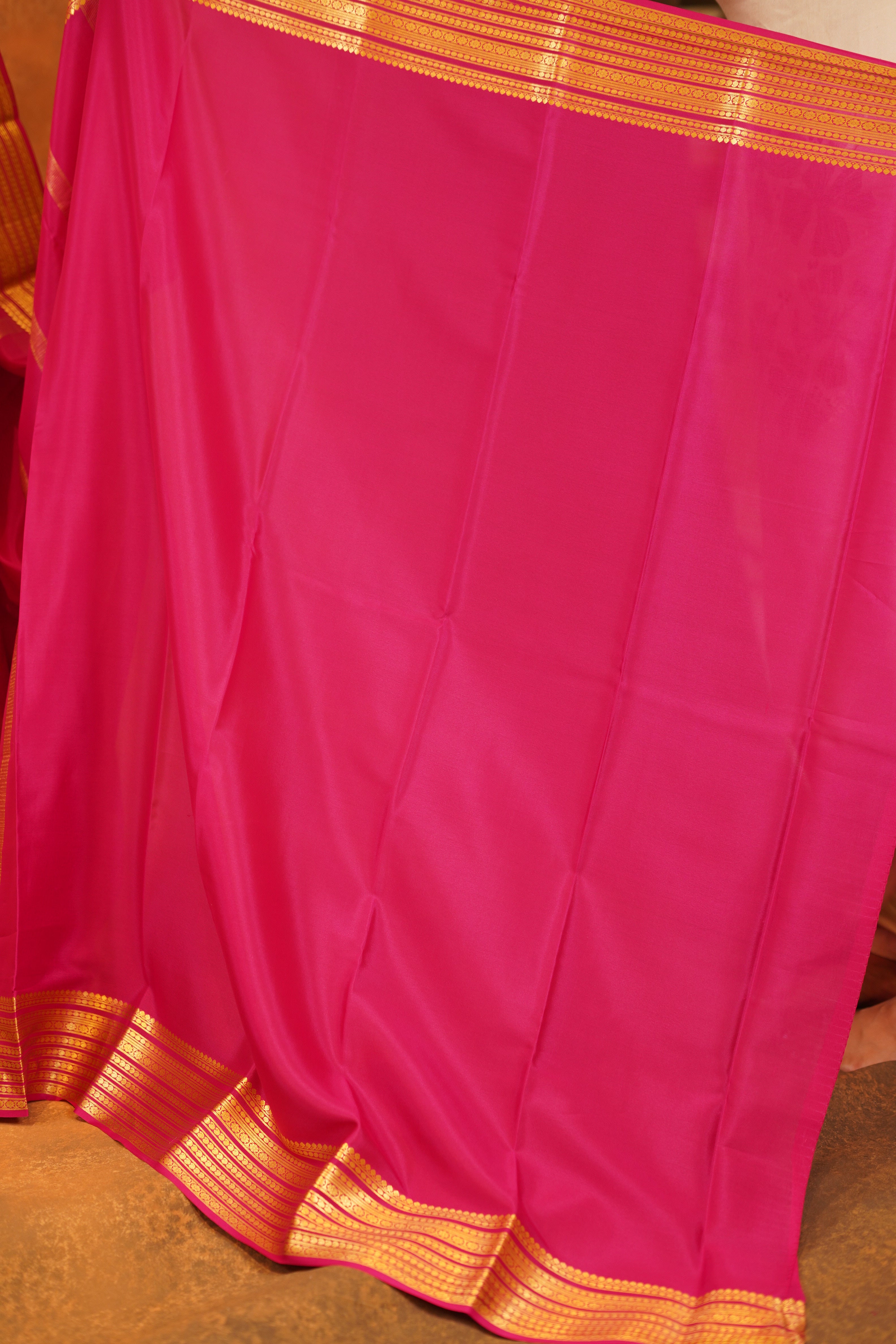 Sandal shaded 60 gsm Pure Mysore Silk saree with Pink contrast