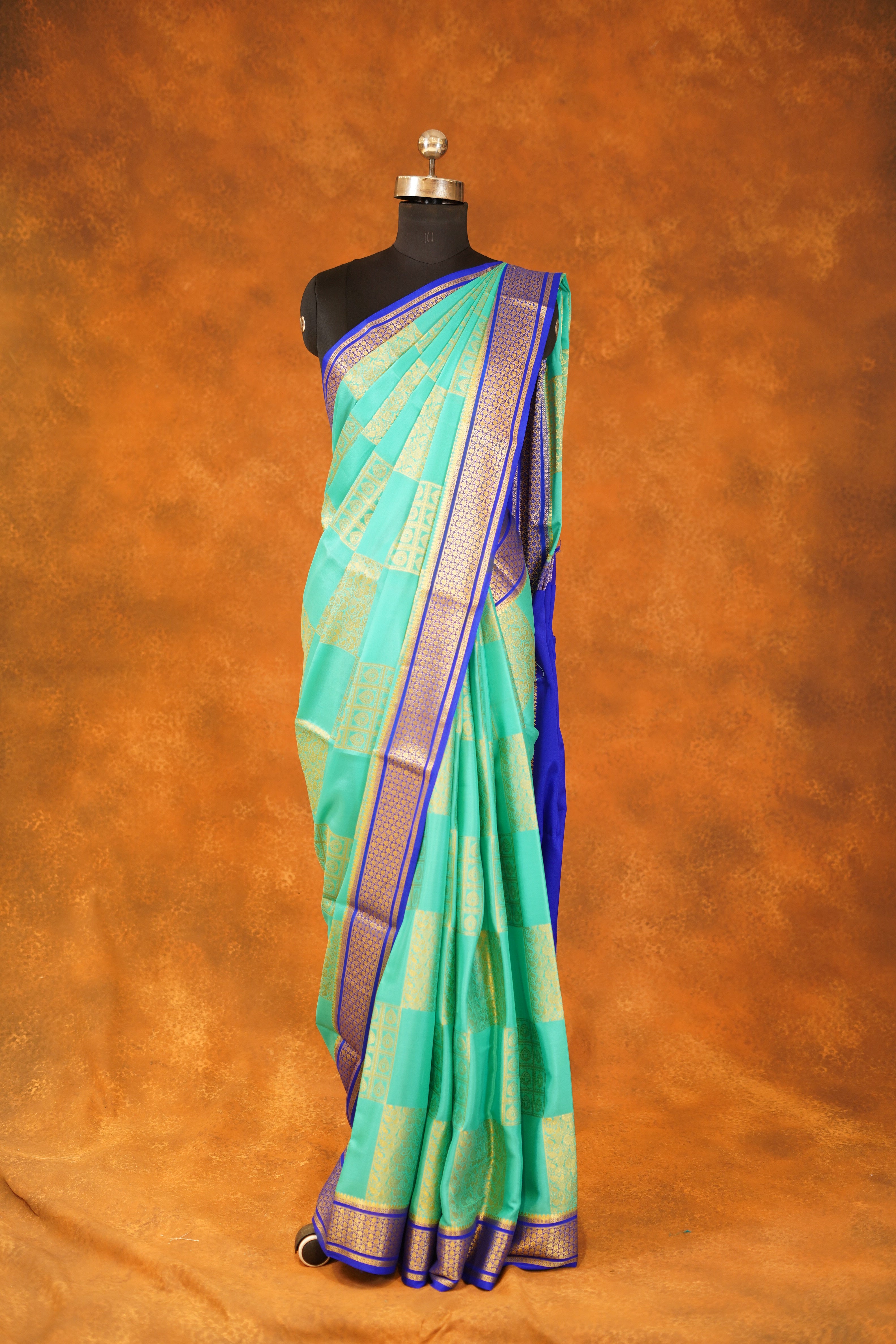 Rama Blue Colour 120 GSM Pure Mysore Silk Saree With Royal Blue Contrast