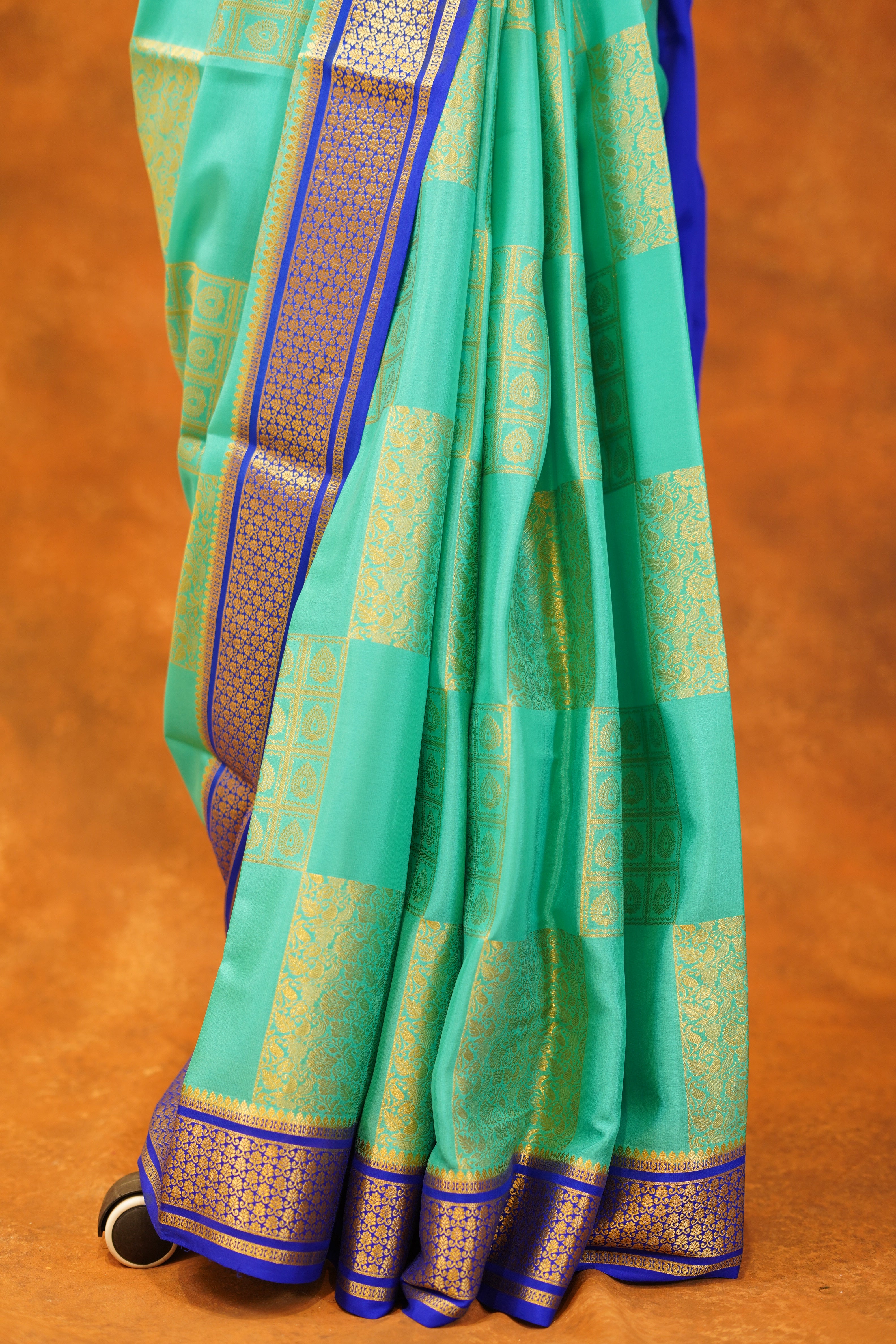 Rama Blue Colour 120 GSM Pure Mysore Silk Saree With Royal Blue Contrast
