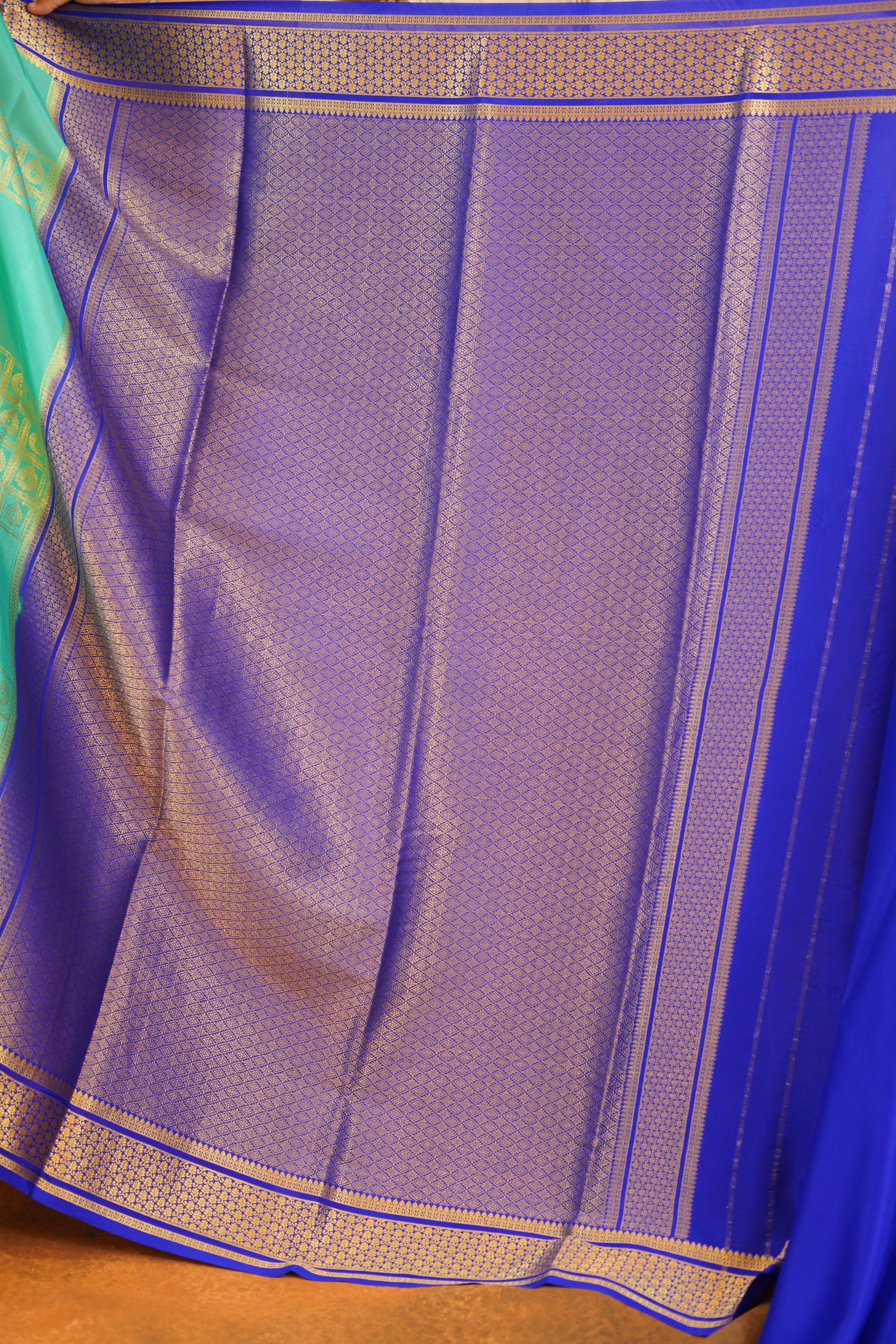 Rama Blue Colour 120 GSM Pure Mysore Silk Saree With Royal Blue Contrast