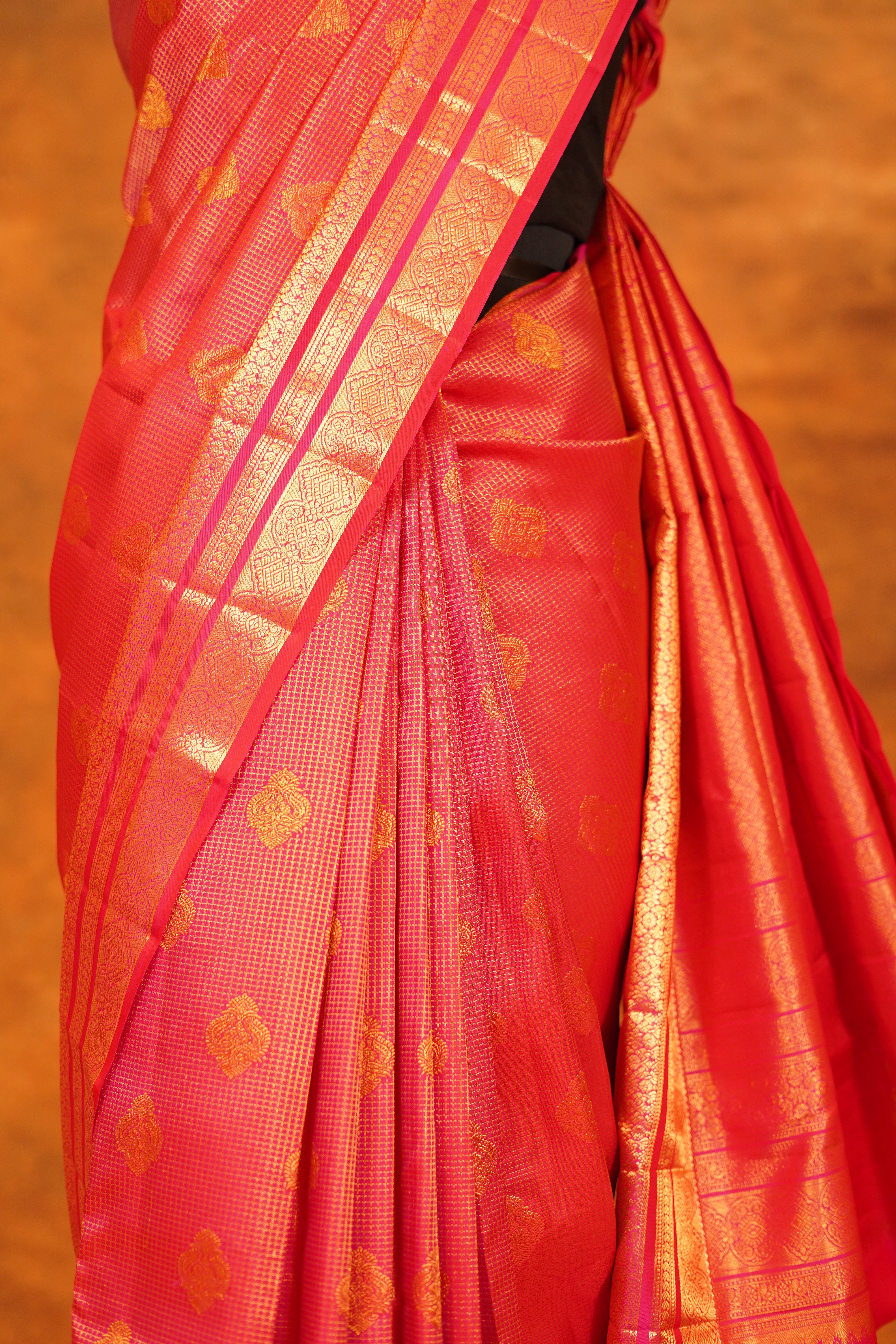 Dual Shade Pink Checked Pure Kanjivaram Silk Saree