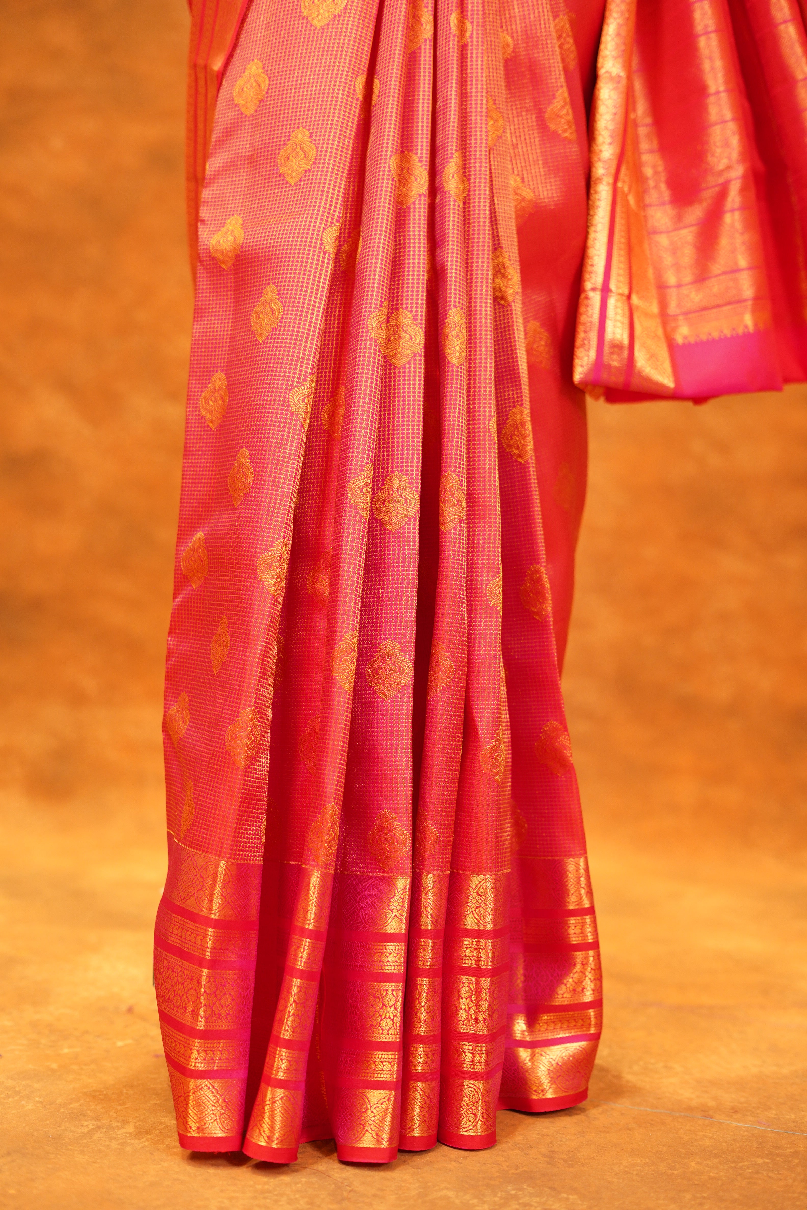 Dual Shade Pink Checked Pure Kanjivaram Silk Saree