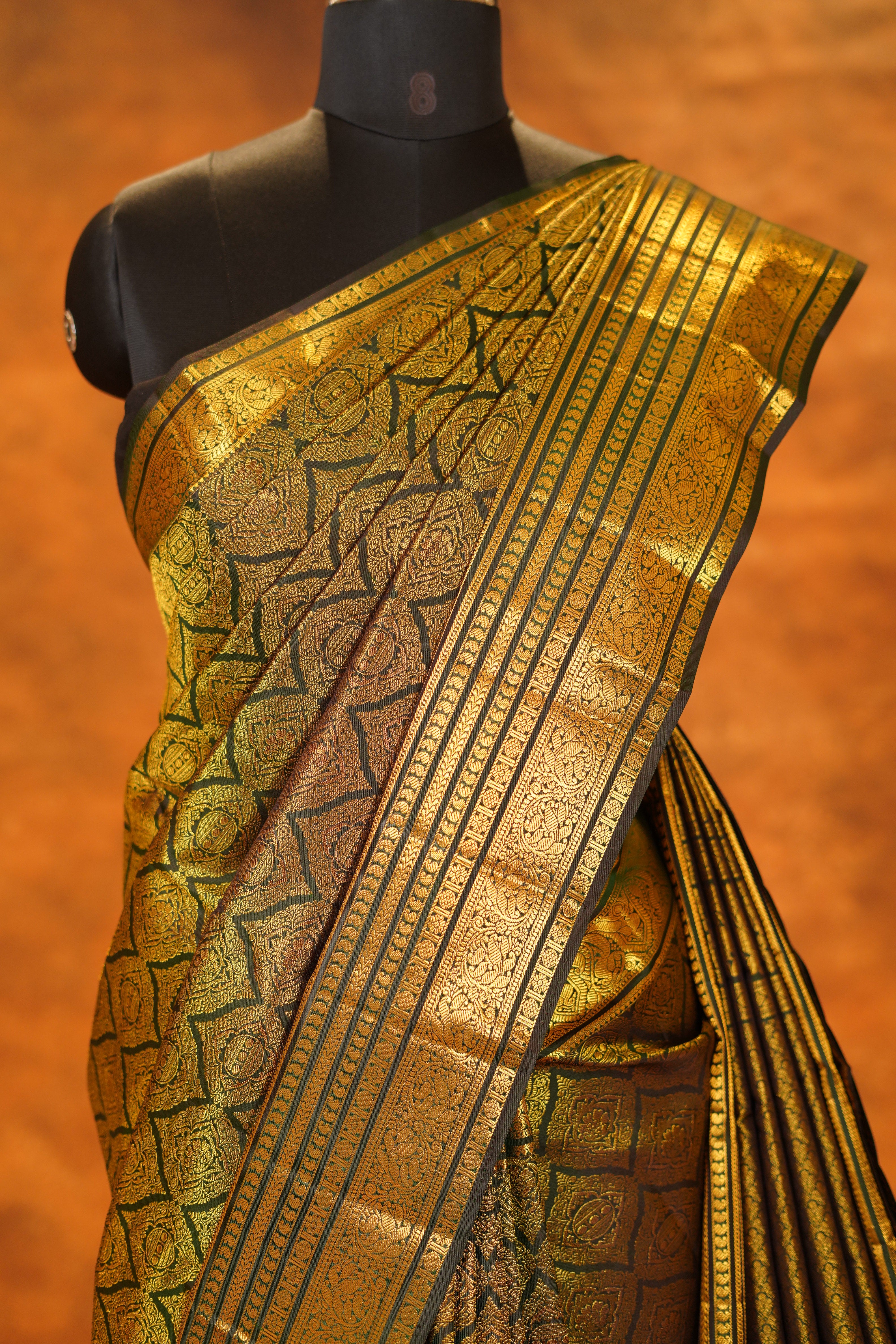 Rich Green Shaded Pure Kanjivaram Silk Saree with Brocade Golden Body