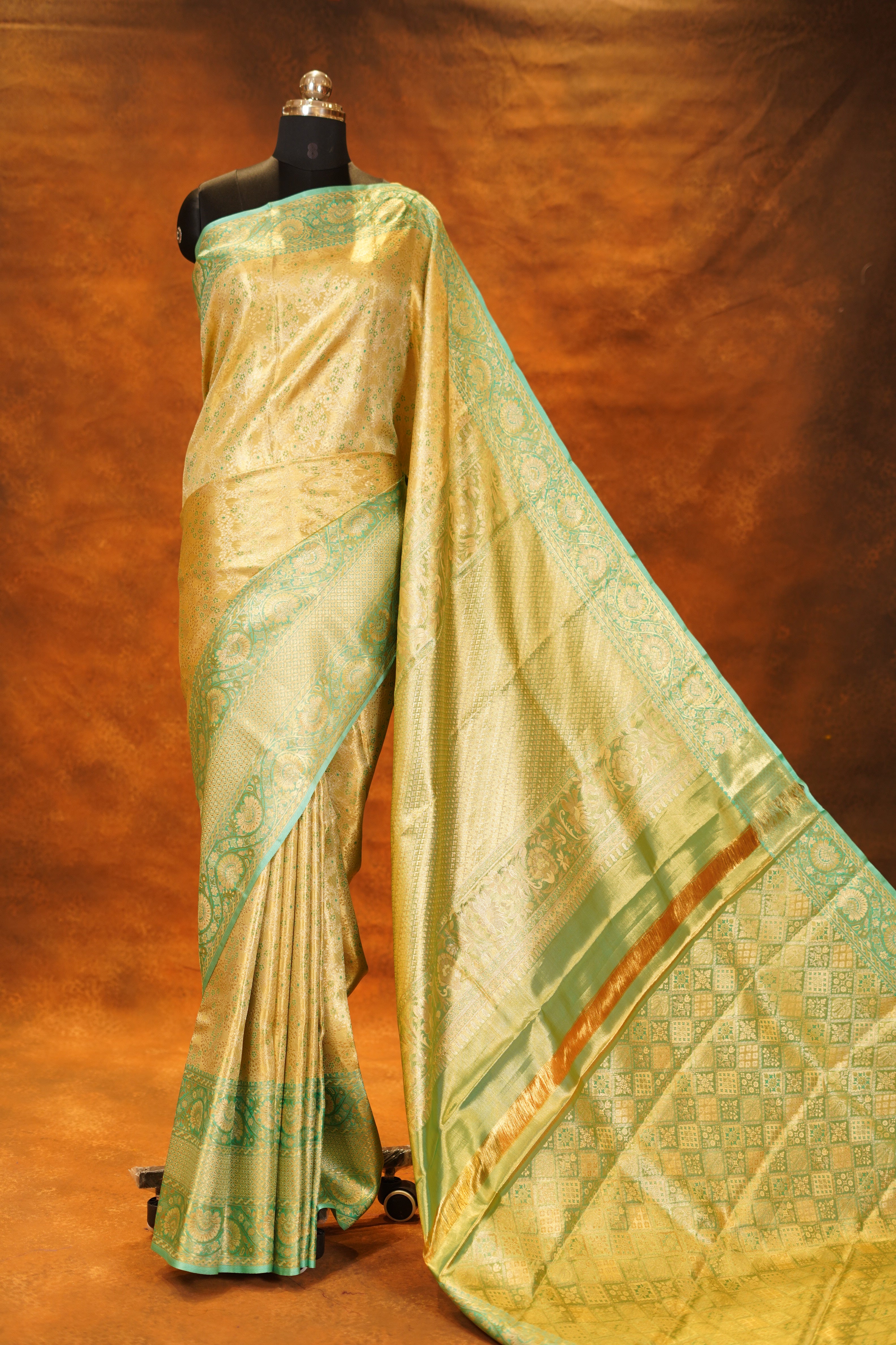 Traditional Gold Colour Pure Kanjivaram Silk Saree With Pista Green Contrast