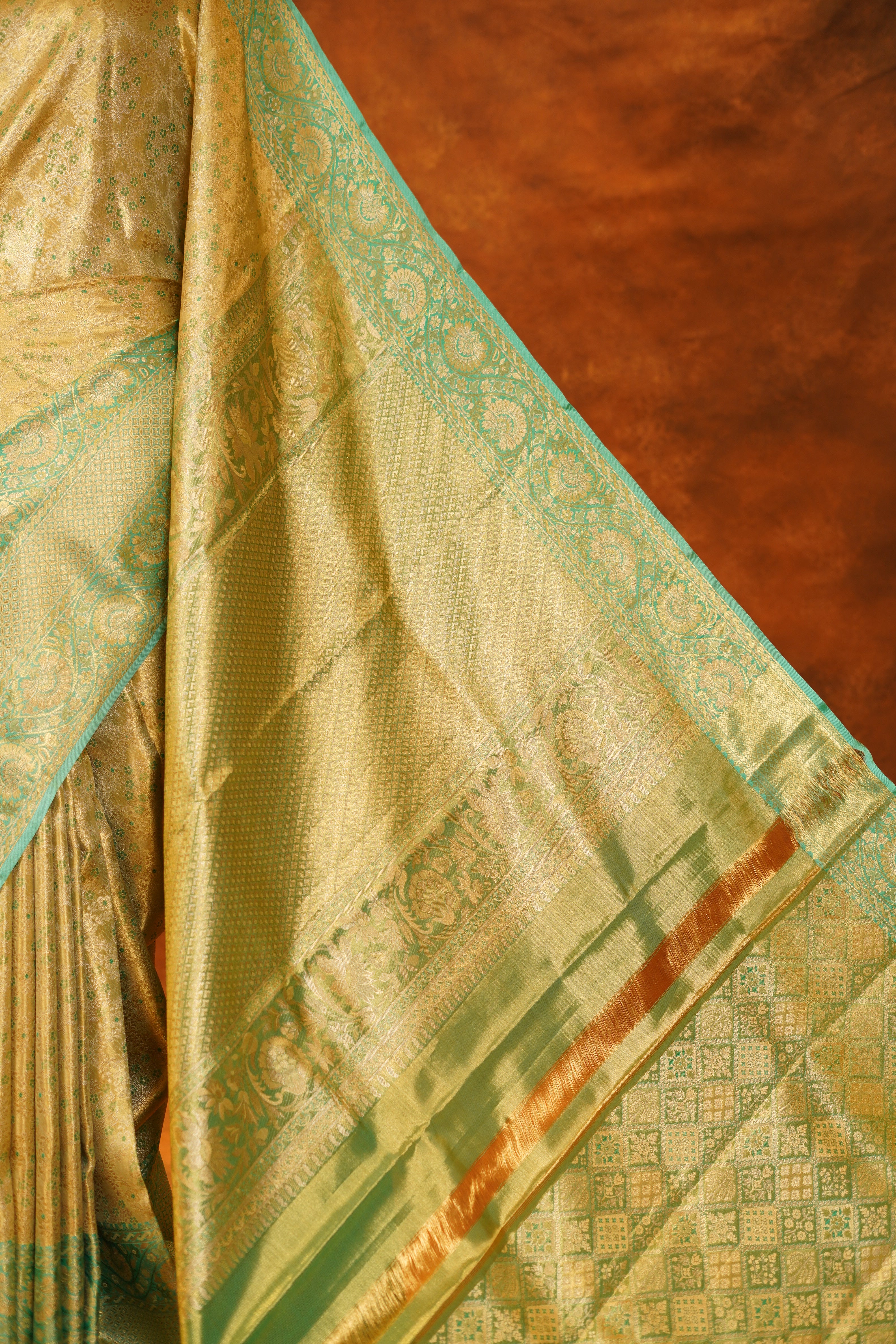 Traditional Gold Colour Pure Kanjivaram Silk Saree With Pista Green Contrast