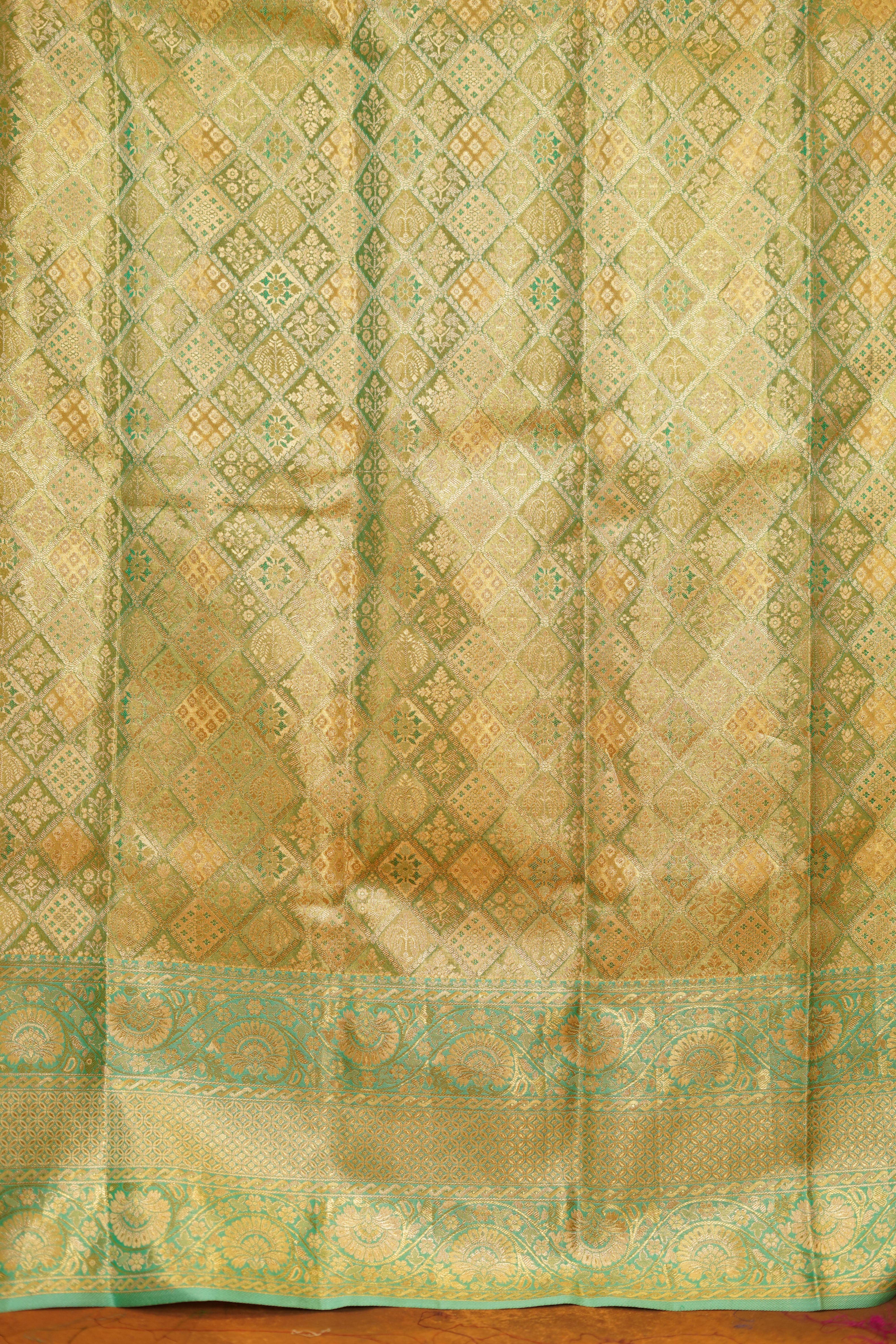 Traditional Gold Colour Pure Kanjivaram Silk Saree With Pista Green Contrast