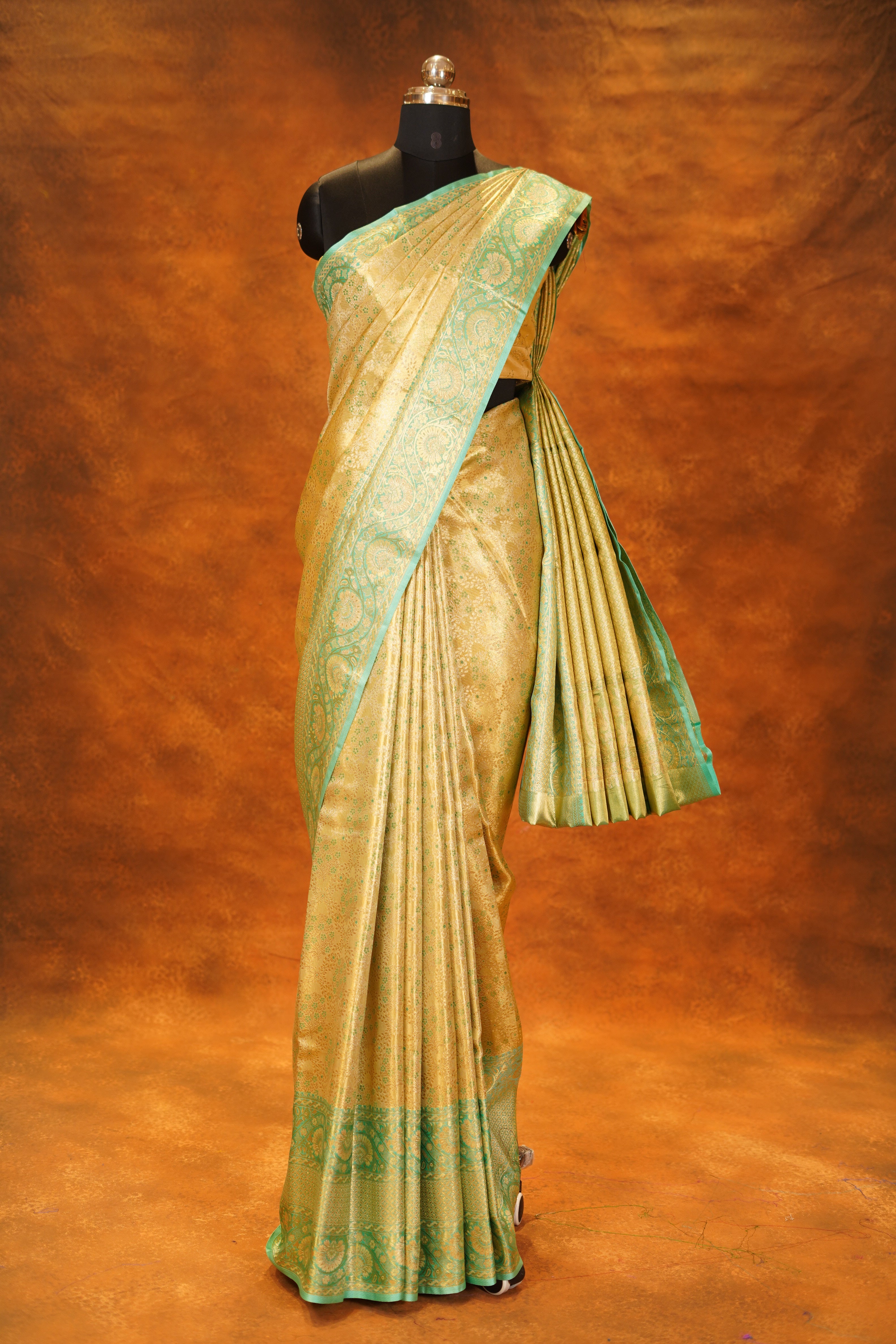Traditional Gold Colour Pure Kanjivaram Silk Saree With Pista Green Contrast