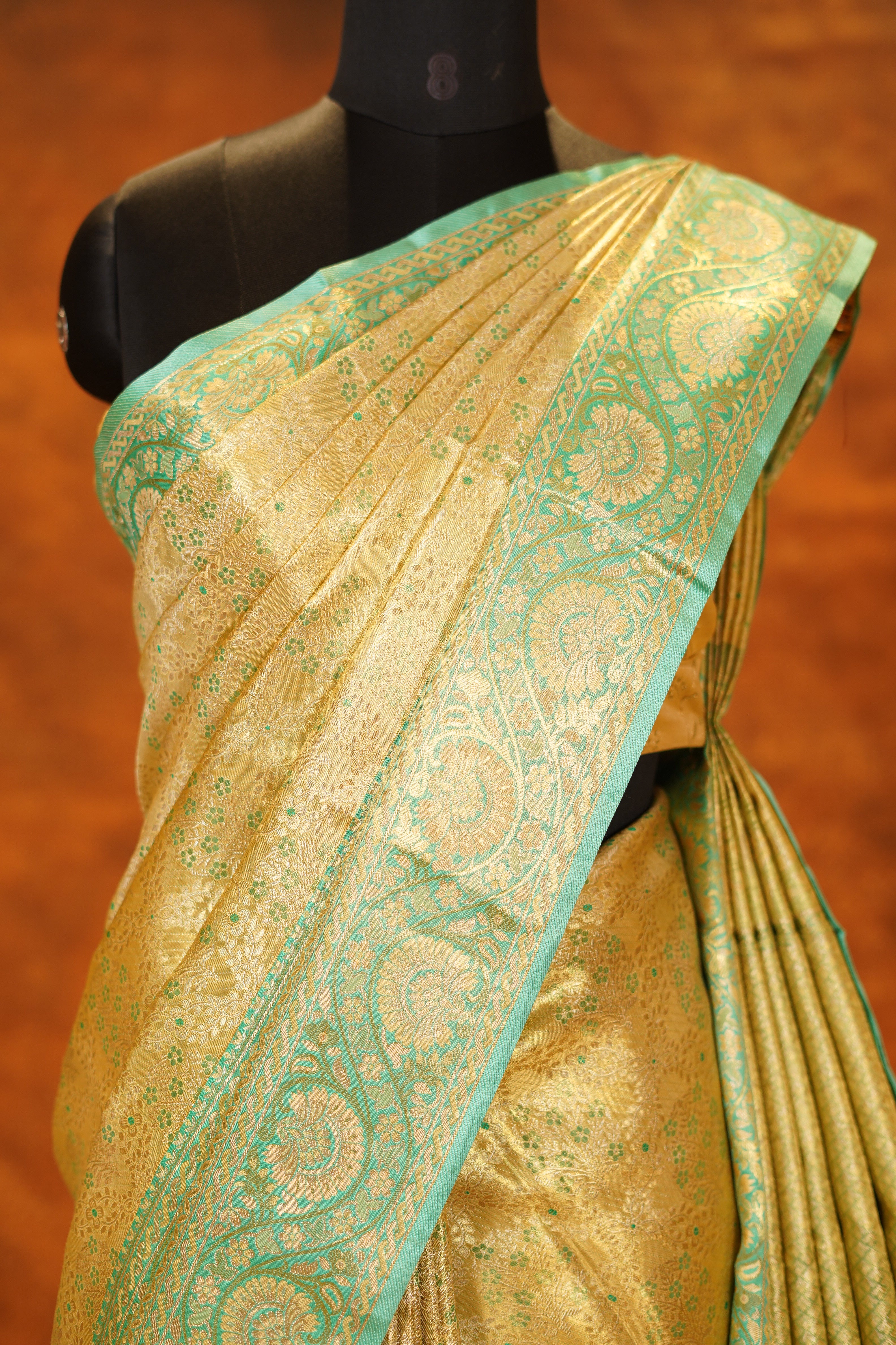 Traditional Gold Colour Pure Kanjivaram Silk Saree With Pista Green Contrast