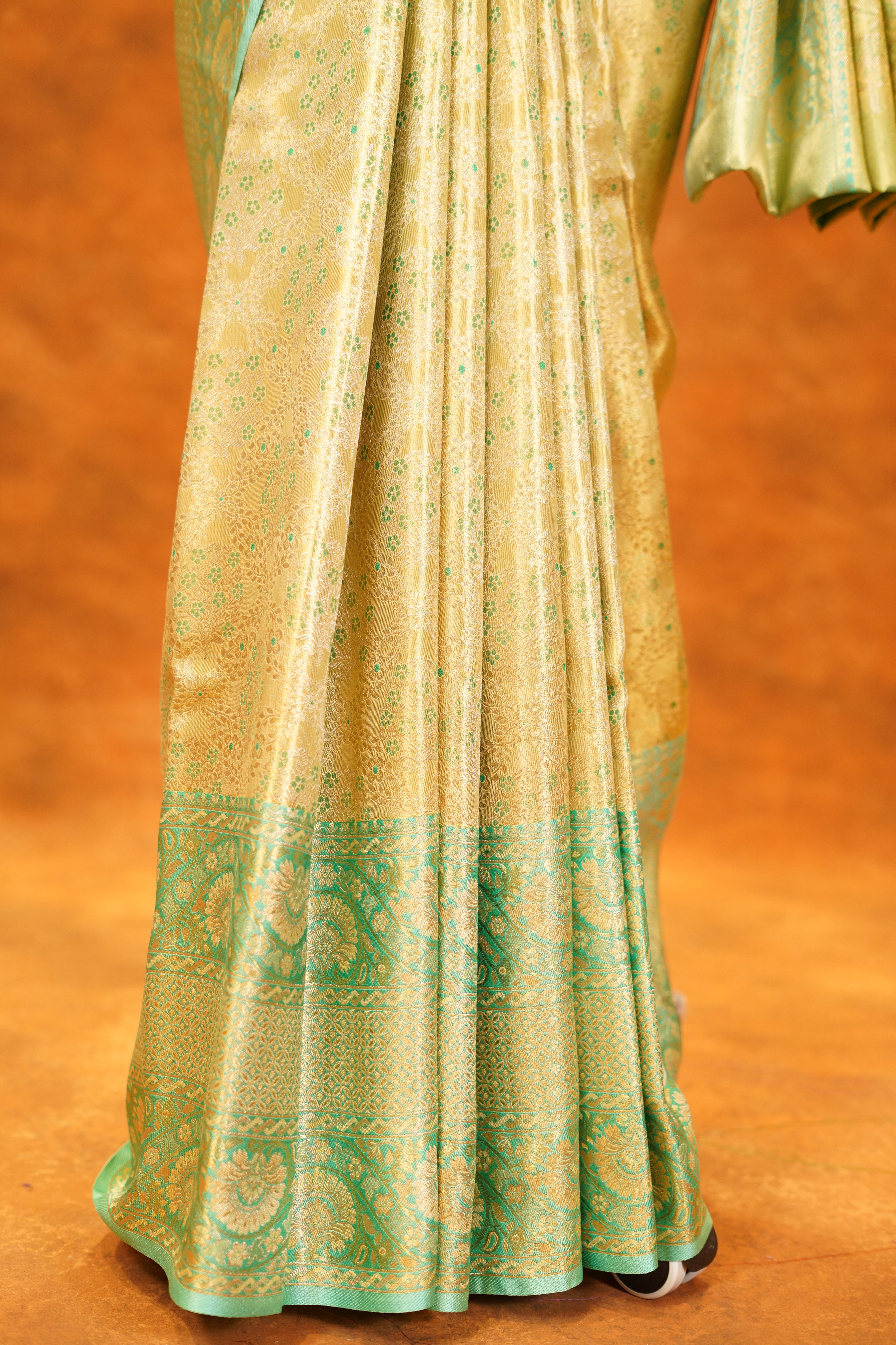 Traditional Gold Colour Pure Kanjivaram Silk Saree With Pista Green Contrast