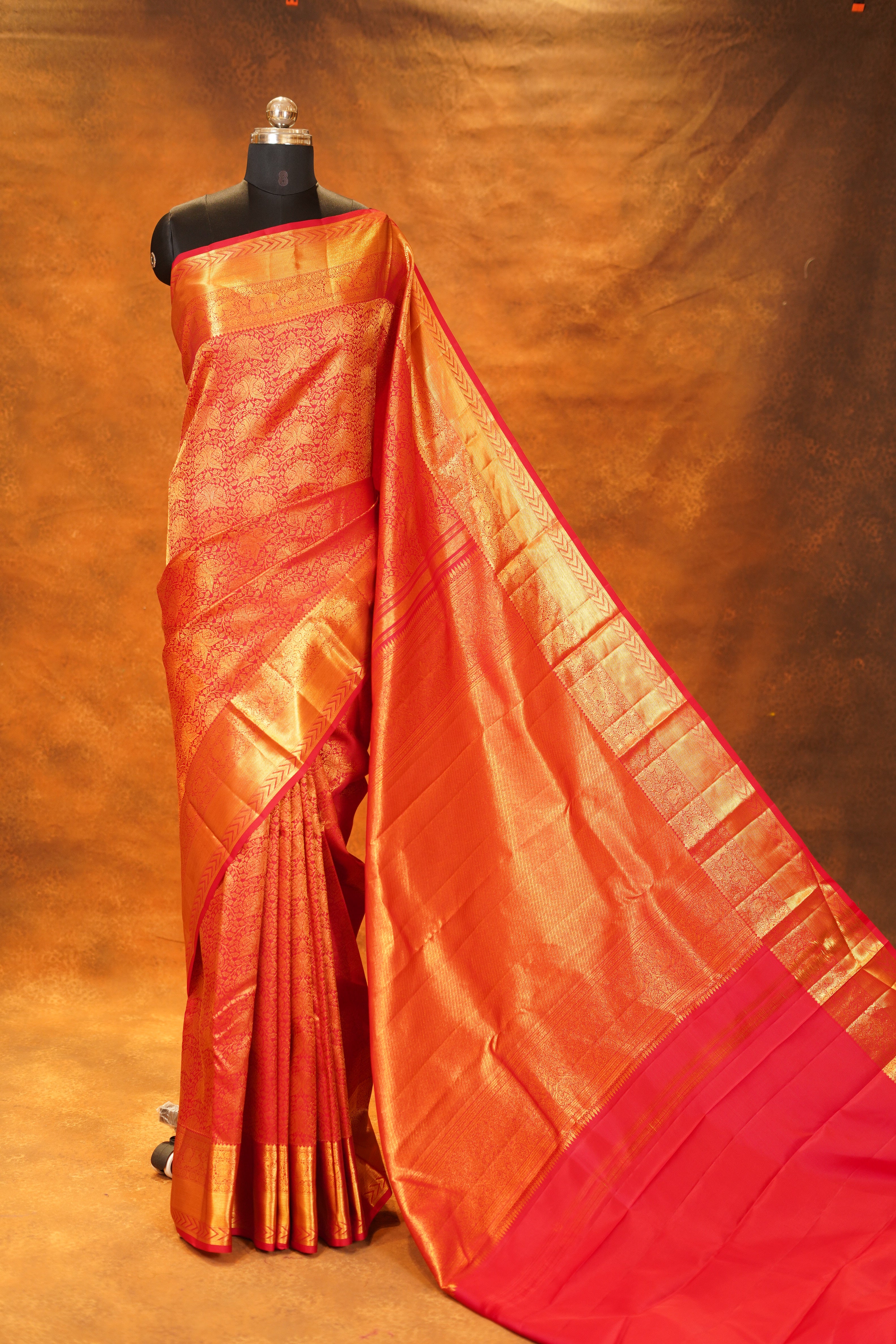 Vibrant Red Colour Pure Kanjivaram Silk Saree With Rich Gold Brocade Body