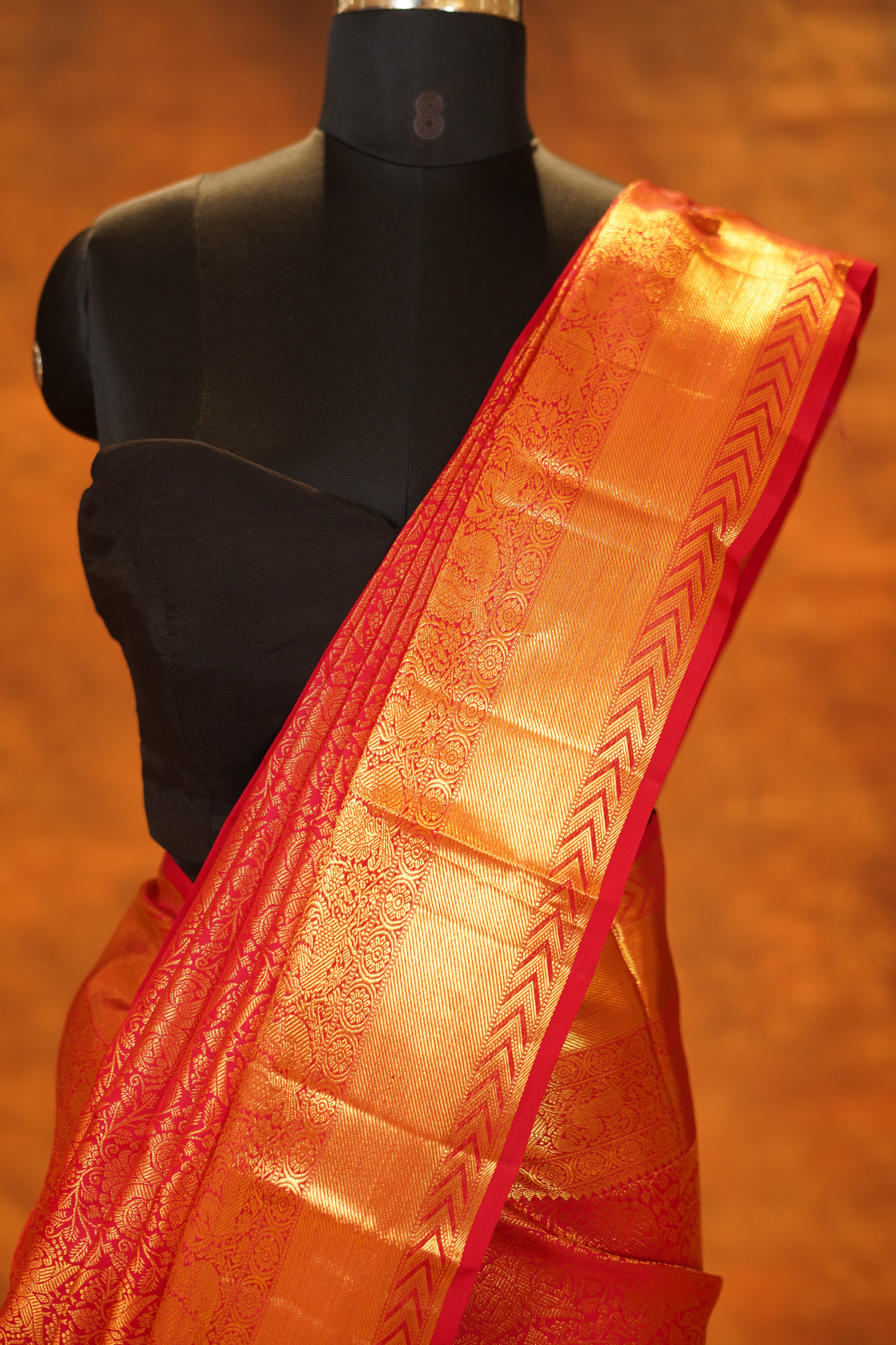 Vibrant Red Colour Pure Kanjivaram Silk Saree With Rich Gold Brocade Body