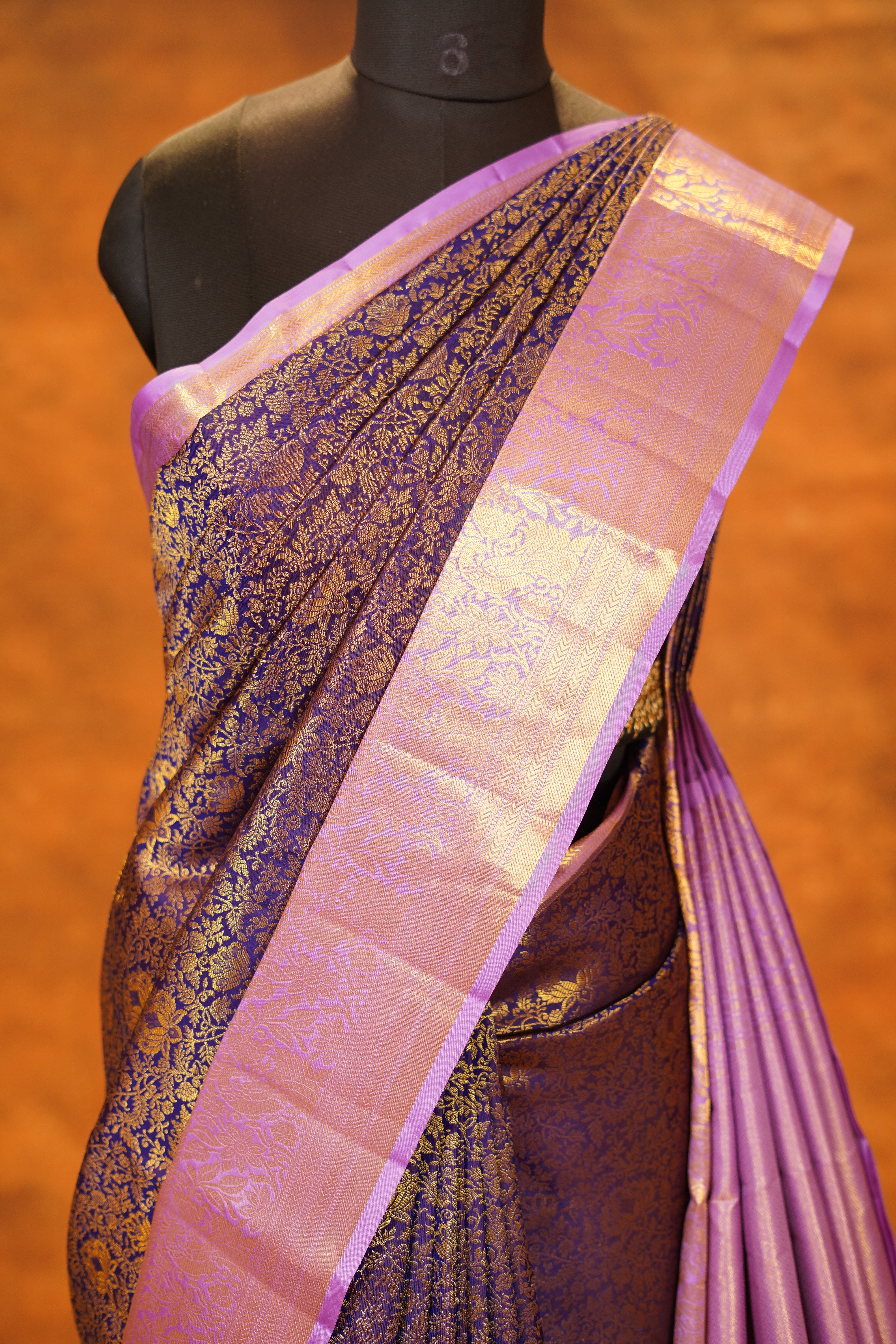 Purple Colour Pure Kanjivaram Silk Saree With Lavender Contrast