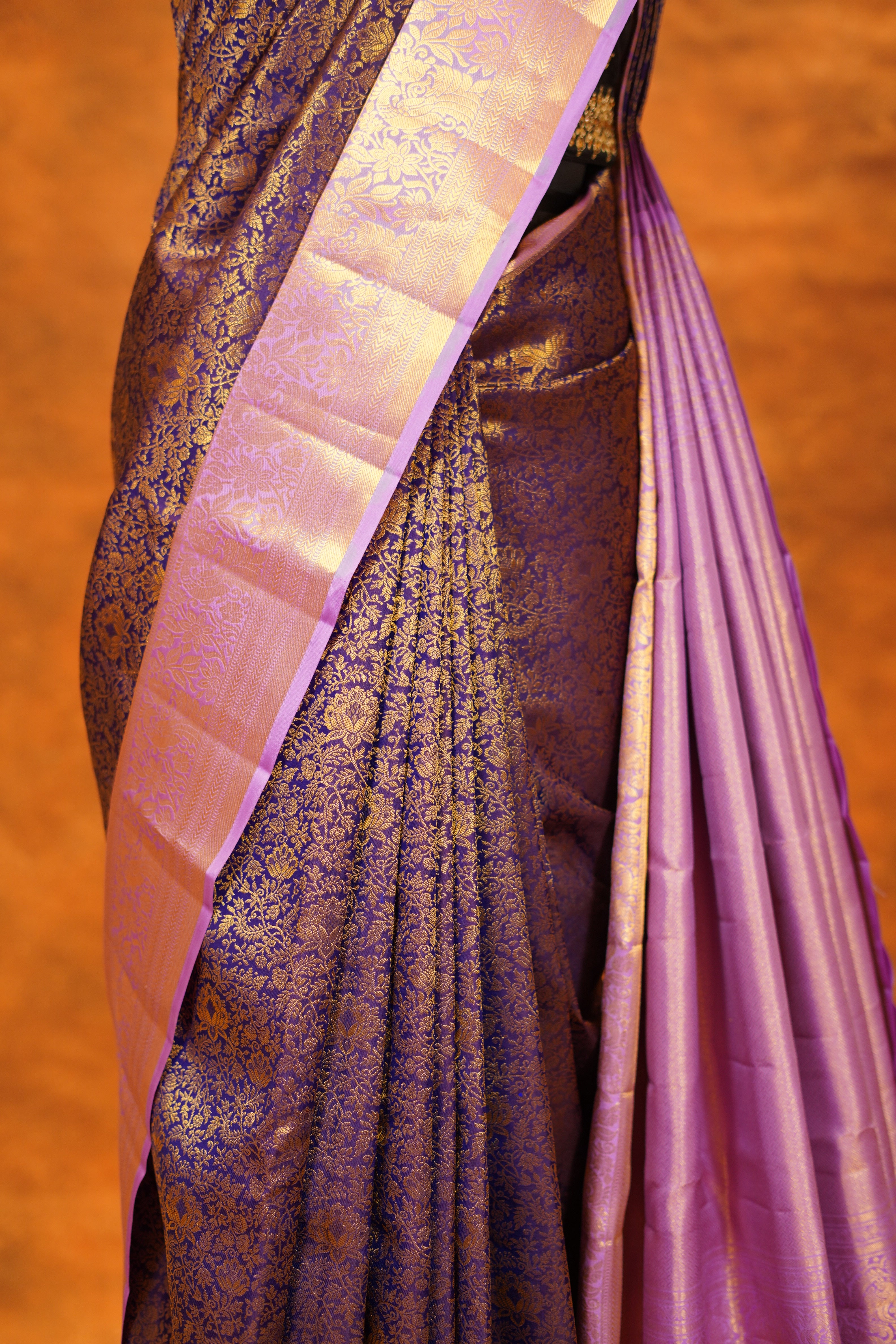 Purple Colour Pure Kanjivaram Silk Saree With Lavender Contrast