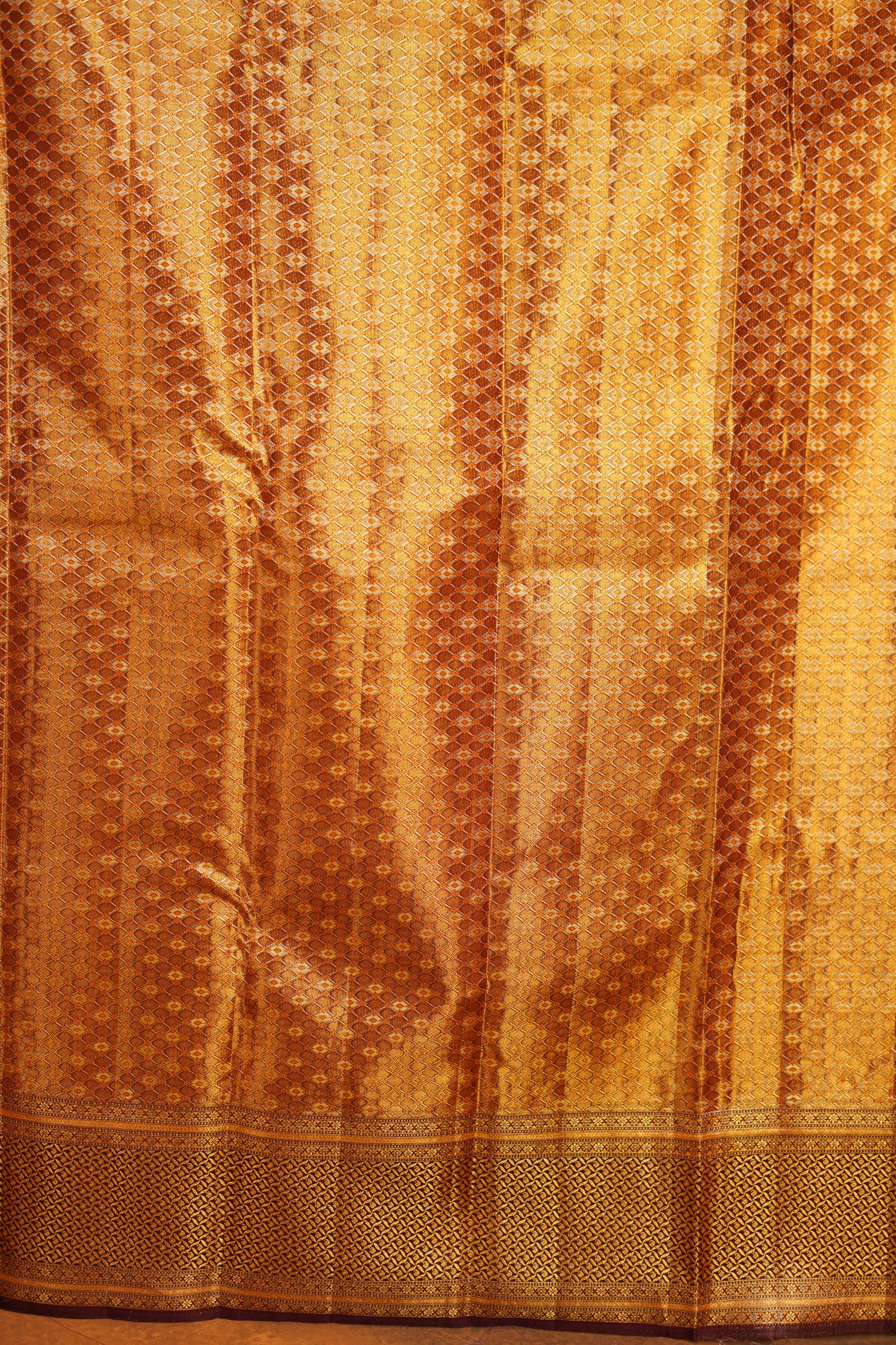 Honey Shaded Pure Kanjivaram Silk Saree With Brown Contrast