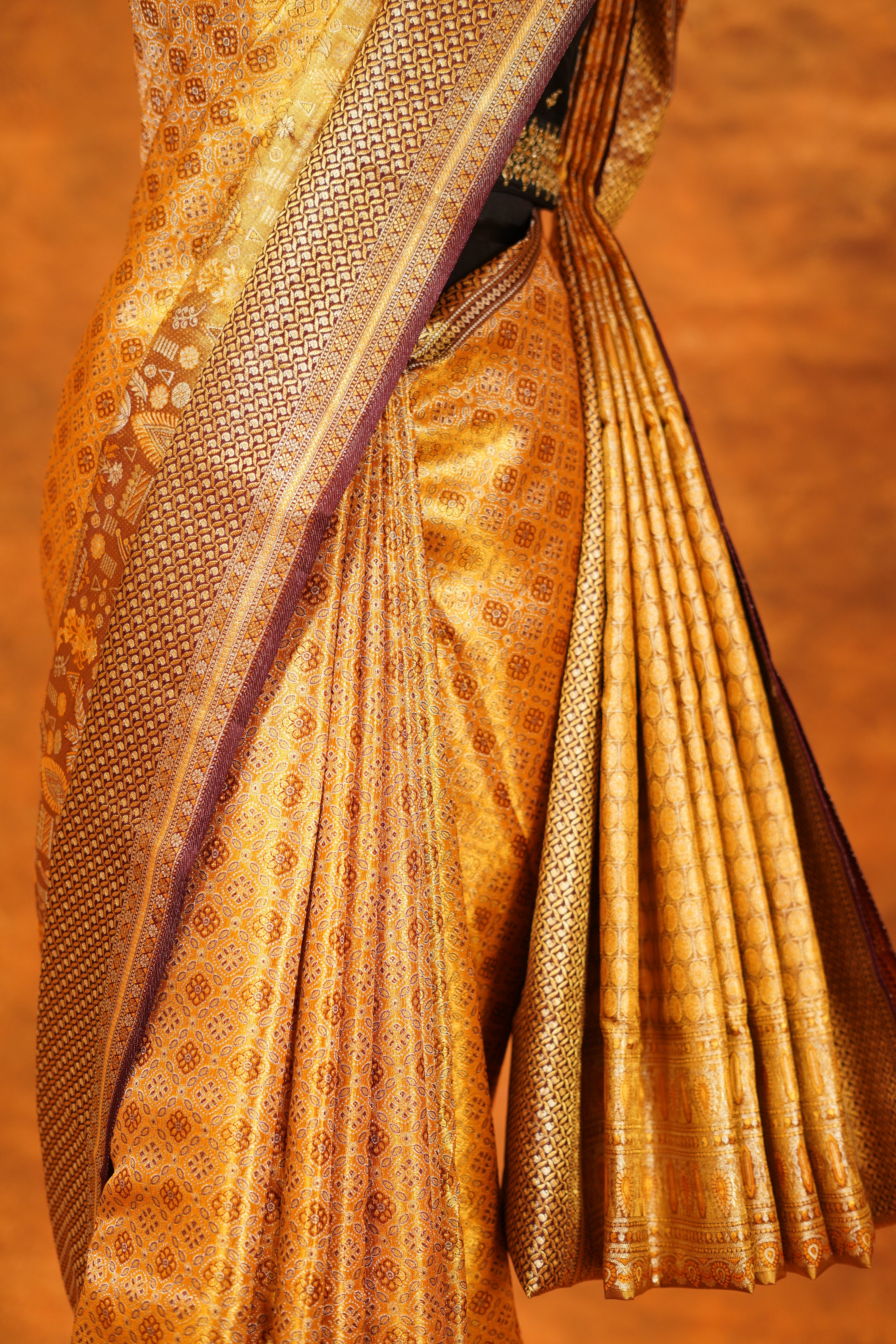 Honey Shaded Pure Kanjivaram Silk Saree With Brown Contrast