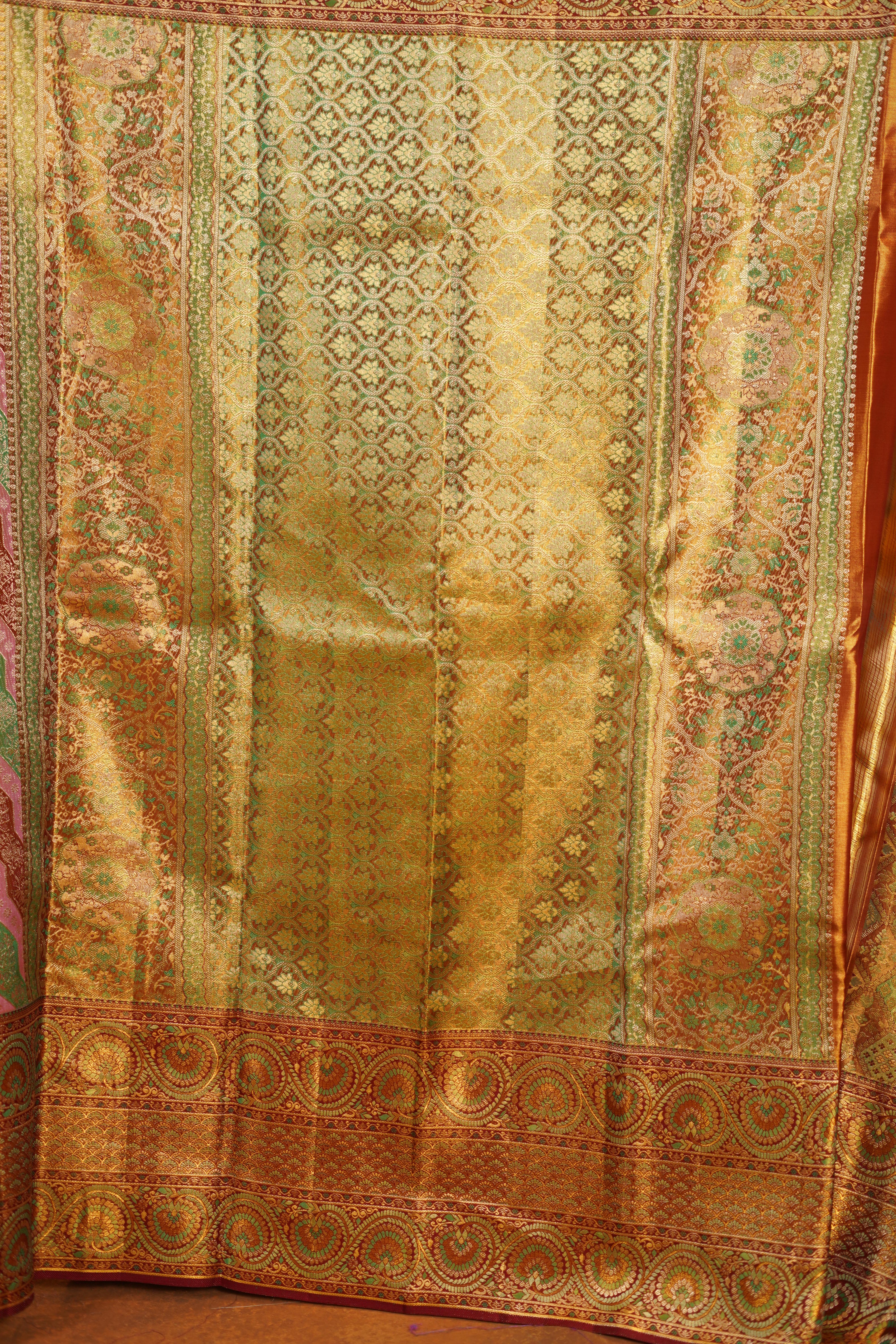 Multicolour Pure Kanjivaram Silk Saree with Brown Contrast