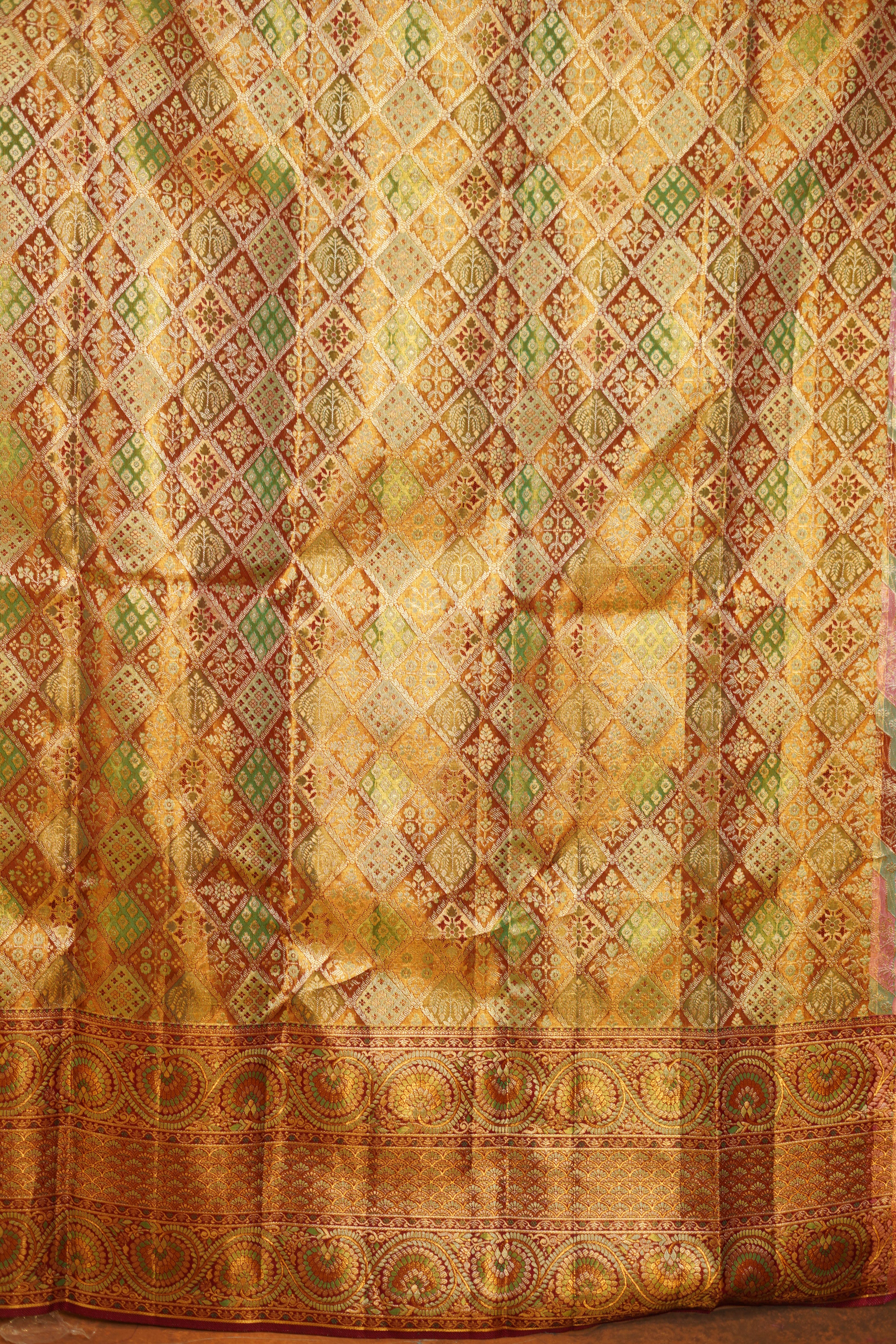 Multicolour Pure Kanjivaram Silk Saree with Brown Contrast