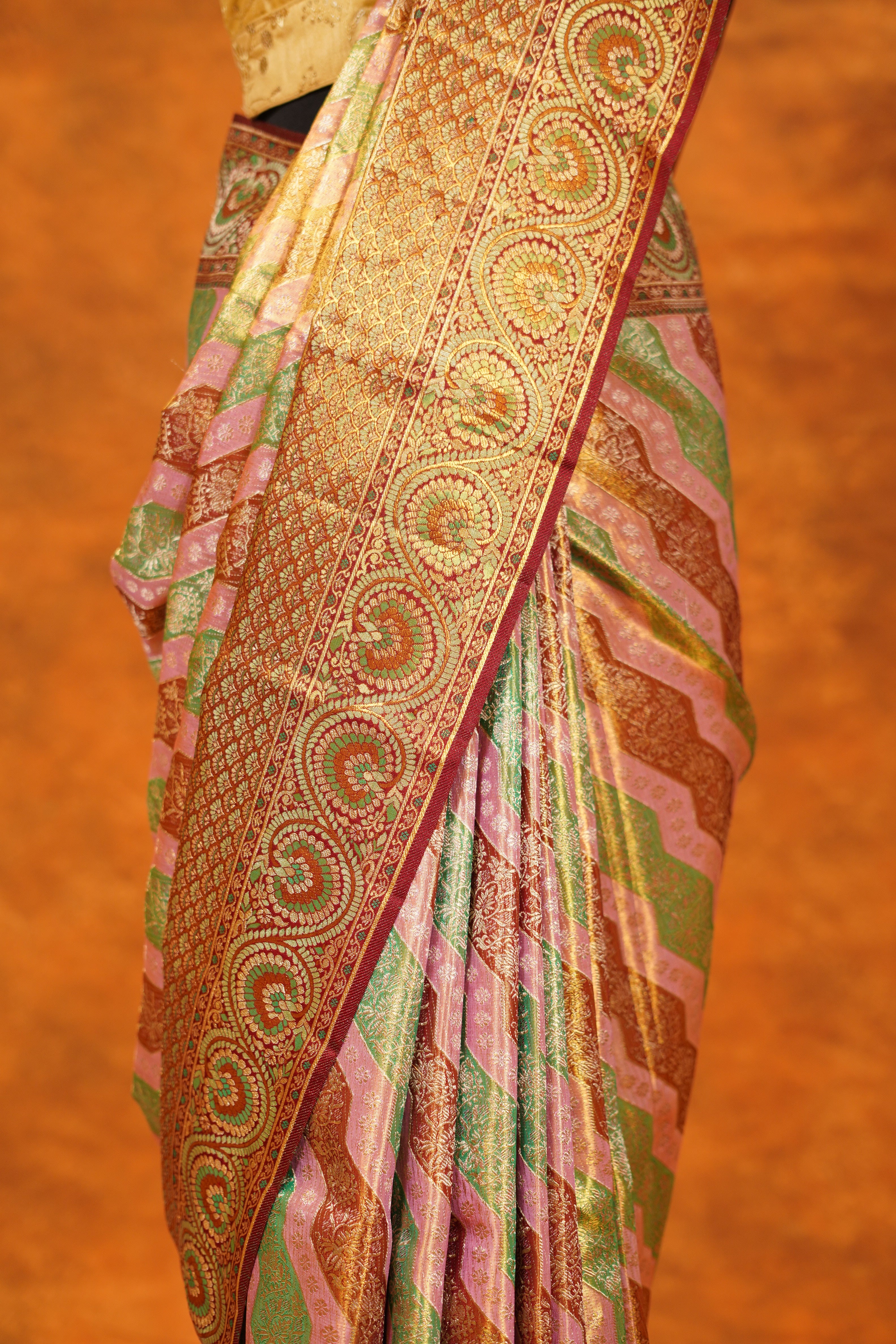 Multicolour Pure Kanjivaram Silk Saree with Brown Contrast