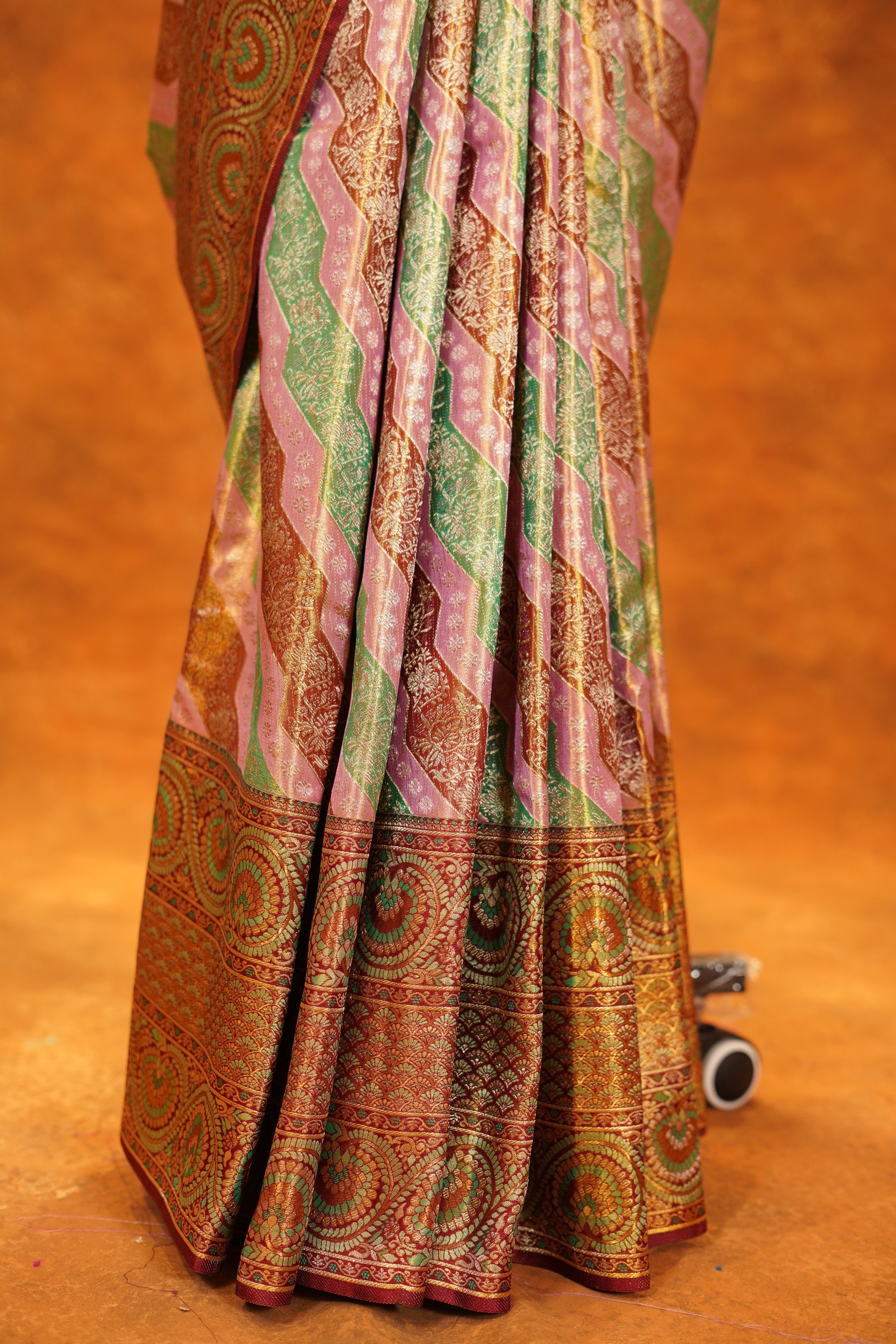 Multicolour Pure Kanjivaram Silk Saree with Brown Contrast