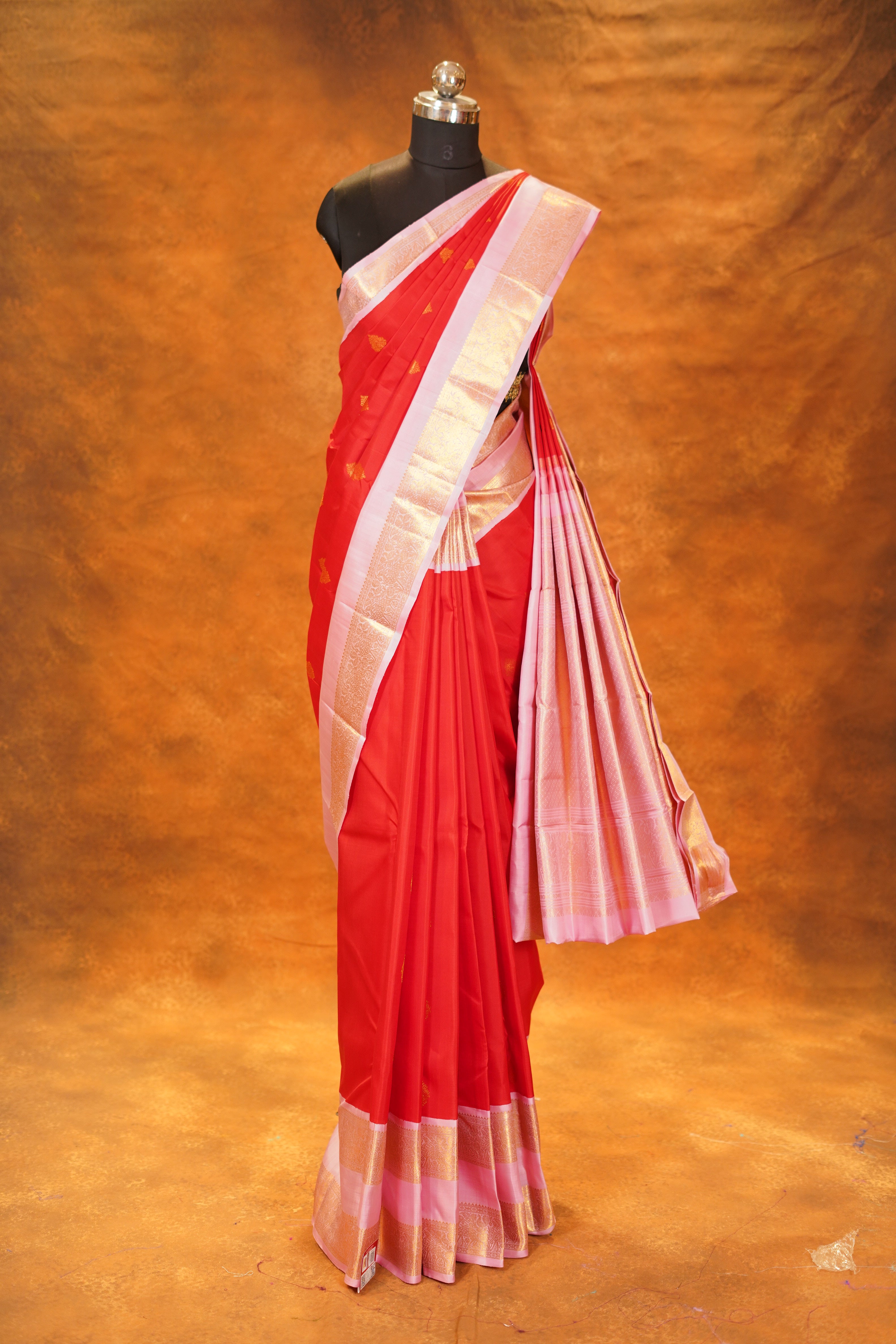 Red Colour Pure Kanjivaram Silk Saree With Baby Pink Contrast