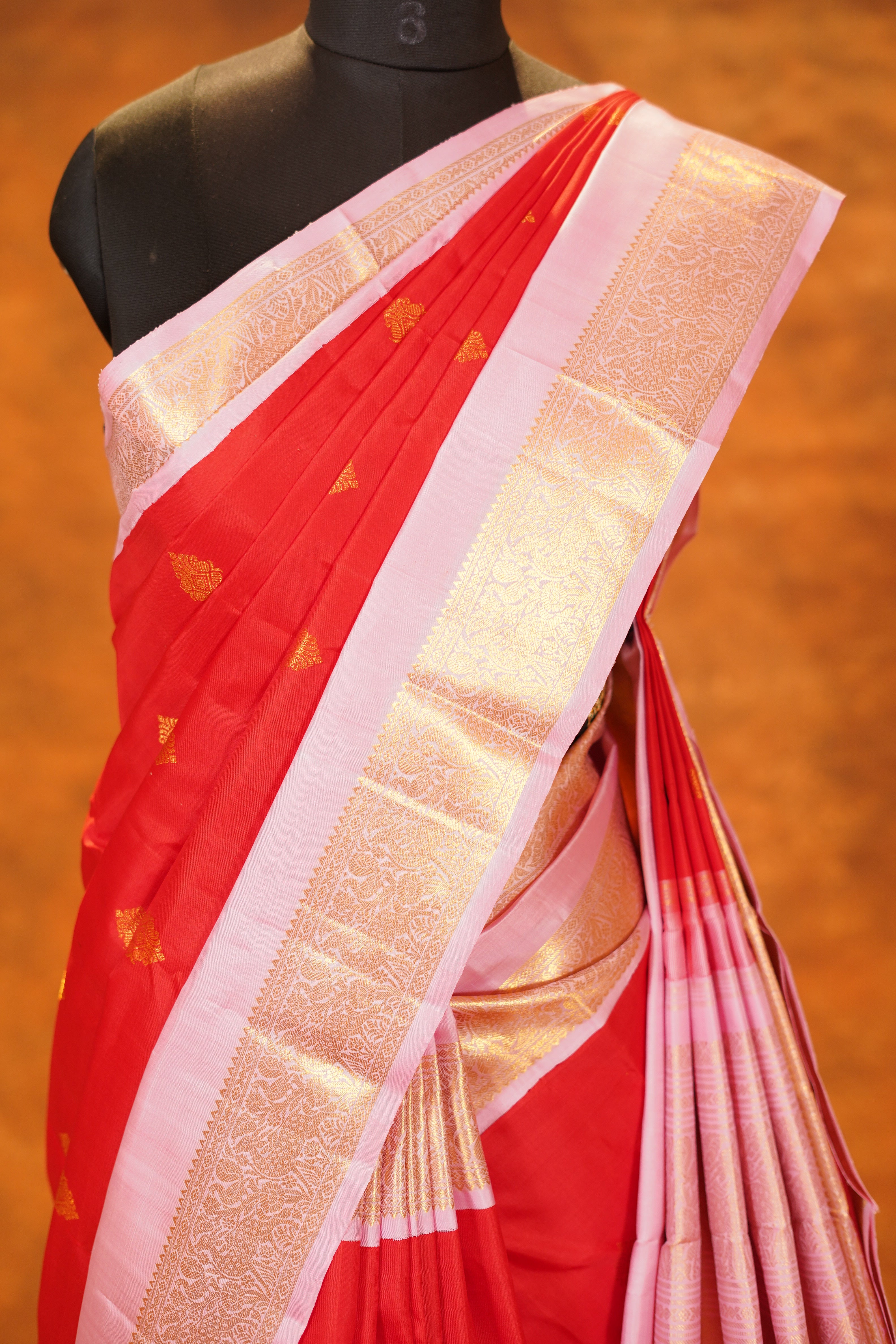 Red Colour Pure Kanjivaram Silk Saree With Baby Pink Contrast
