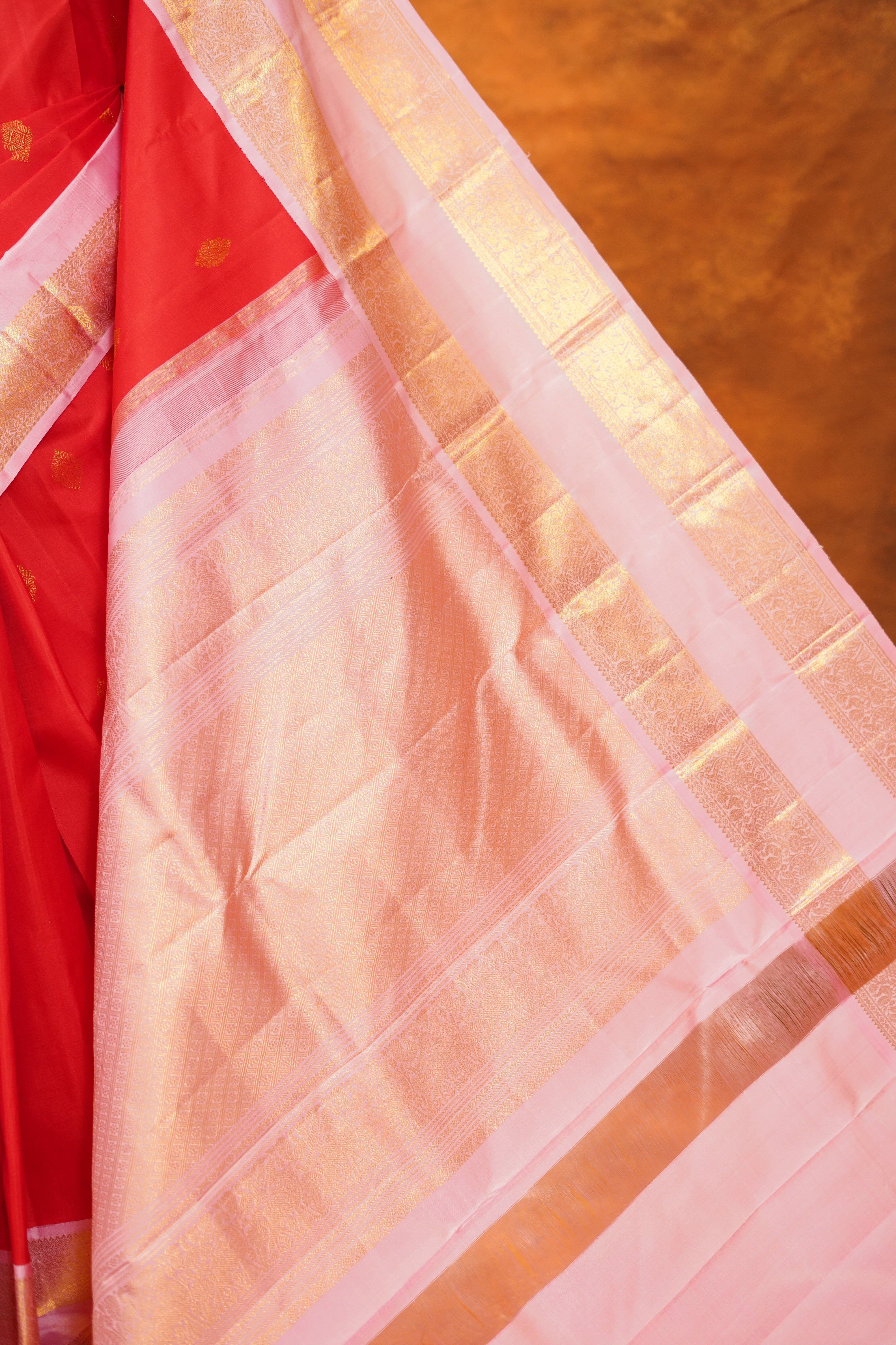 Red Colour Pure Kanjivaram Silk Saree With Baby Pink Contrast